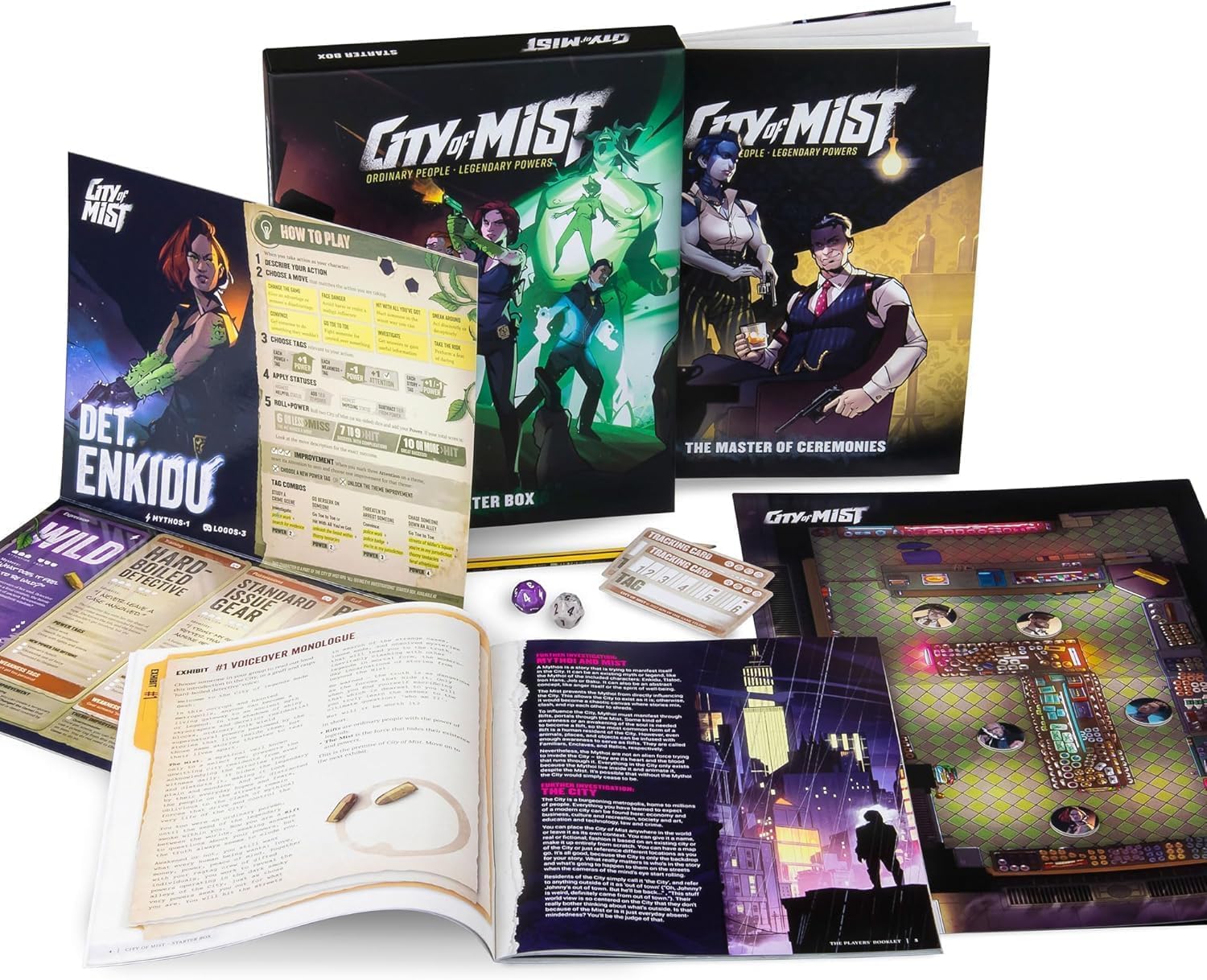City of Mist Son of Oak Starter Box - Beginner-Friendly Tabletop RPG Set, Includes Streamlined Rulebooks, Pre-Made Characters, Shark Tank Adventure, Custom Dice, Maps, Tokens, and Status Trackers