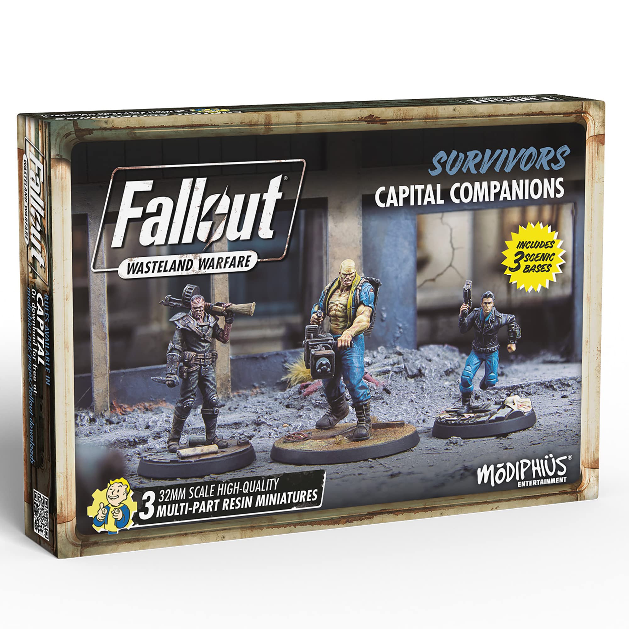Modiphius Fallout Wasteland Warfare: Survivors: Capital Companions - 3 Miniatures, 32mm Unpainted Resin Figures, Capital Wave