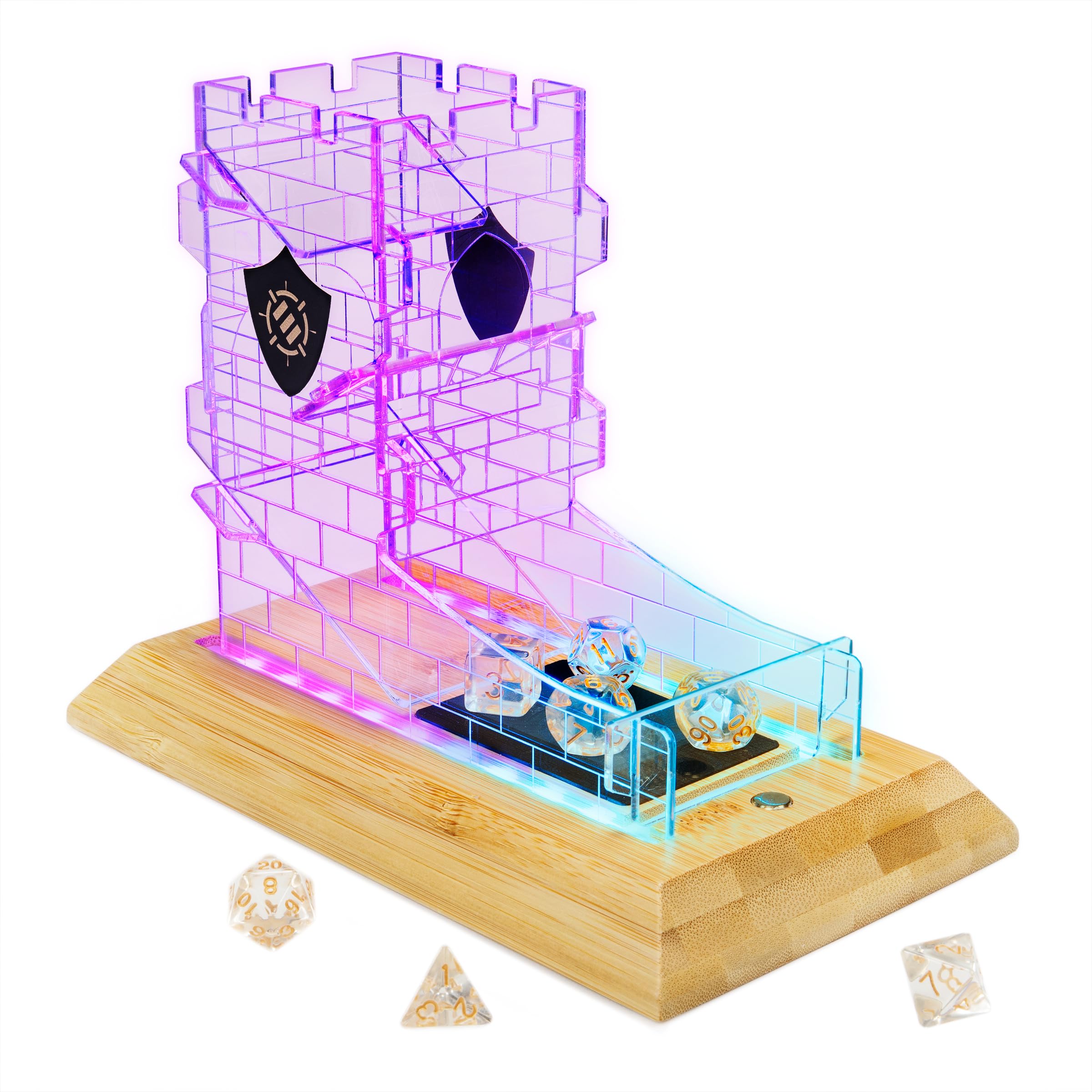 ENHANCE Tabletop LED Dice Tower with 7pc Dice Set for RPG Games - Clear Gaming Set, LED Lit Rolling Tray with Bamboo Base and Castle Tower Design, Roll Up to 14 at Once - Great for Game Night
