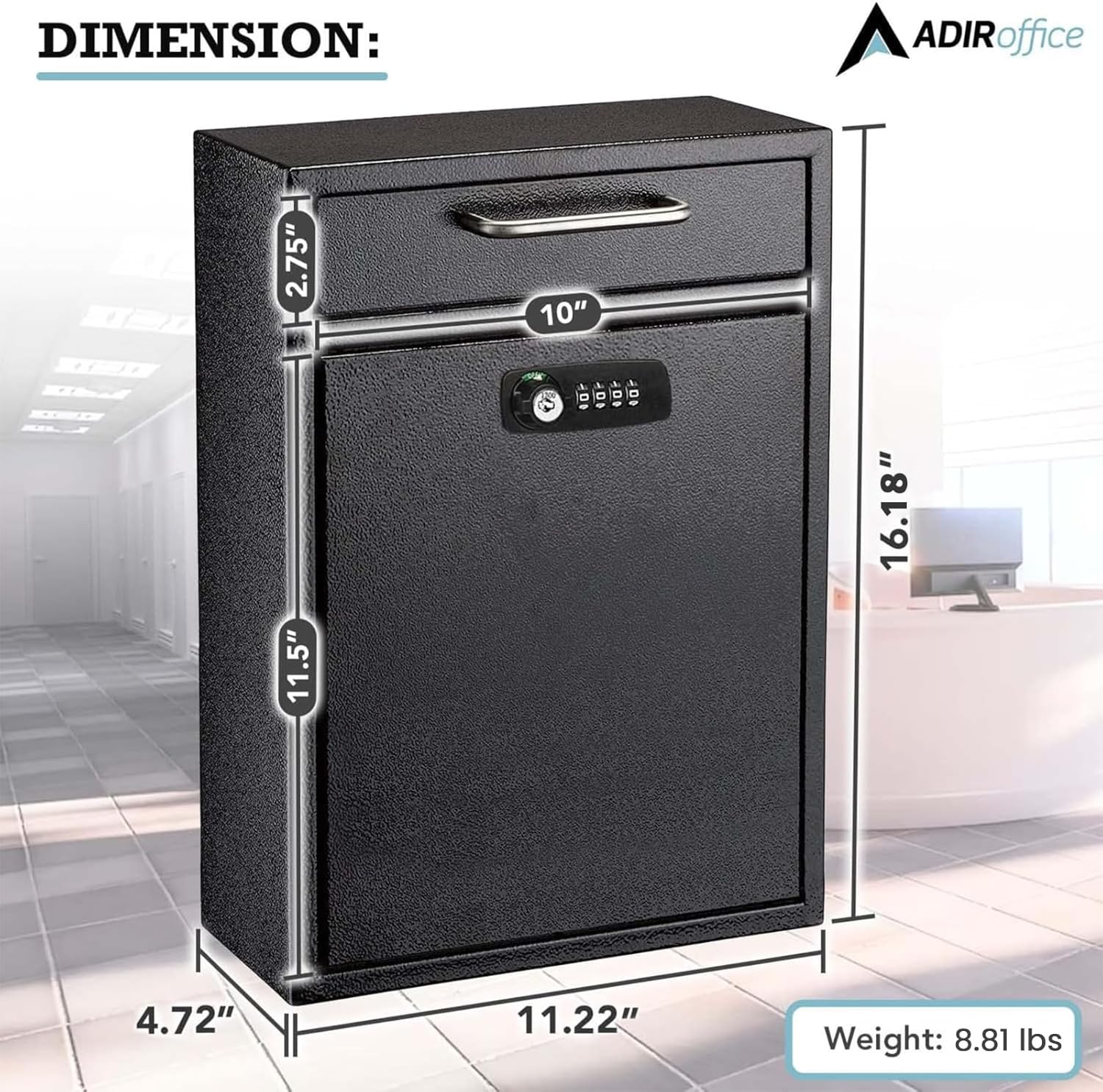 Black Large Drop Box Wall Mounted Locking Mail Box with Key and Combination lock with Suggestion Cards