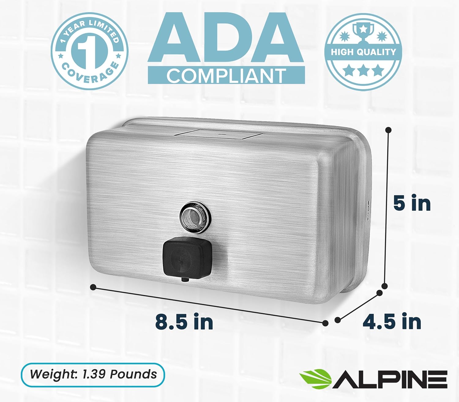 Alpine Industries Manual Surface-Mounted Stainless Steel Liquid Soap Dispenser, 40 oz Capacity, Horizontal