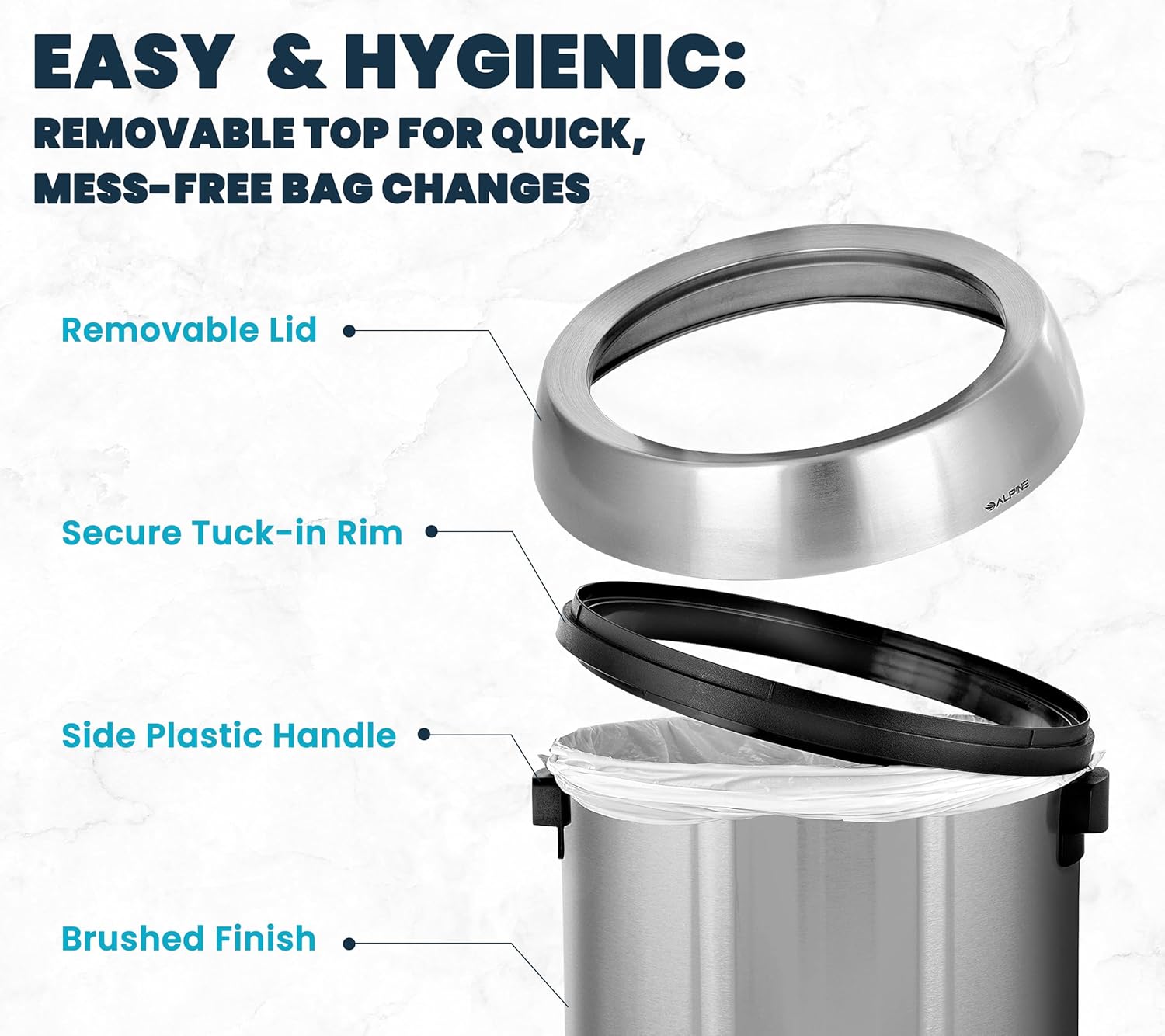 Alpine Industries 17 Gal. Stainless Steel Heavy-Gauge Brushed Open Top Commercial Trash Can 2 pack