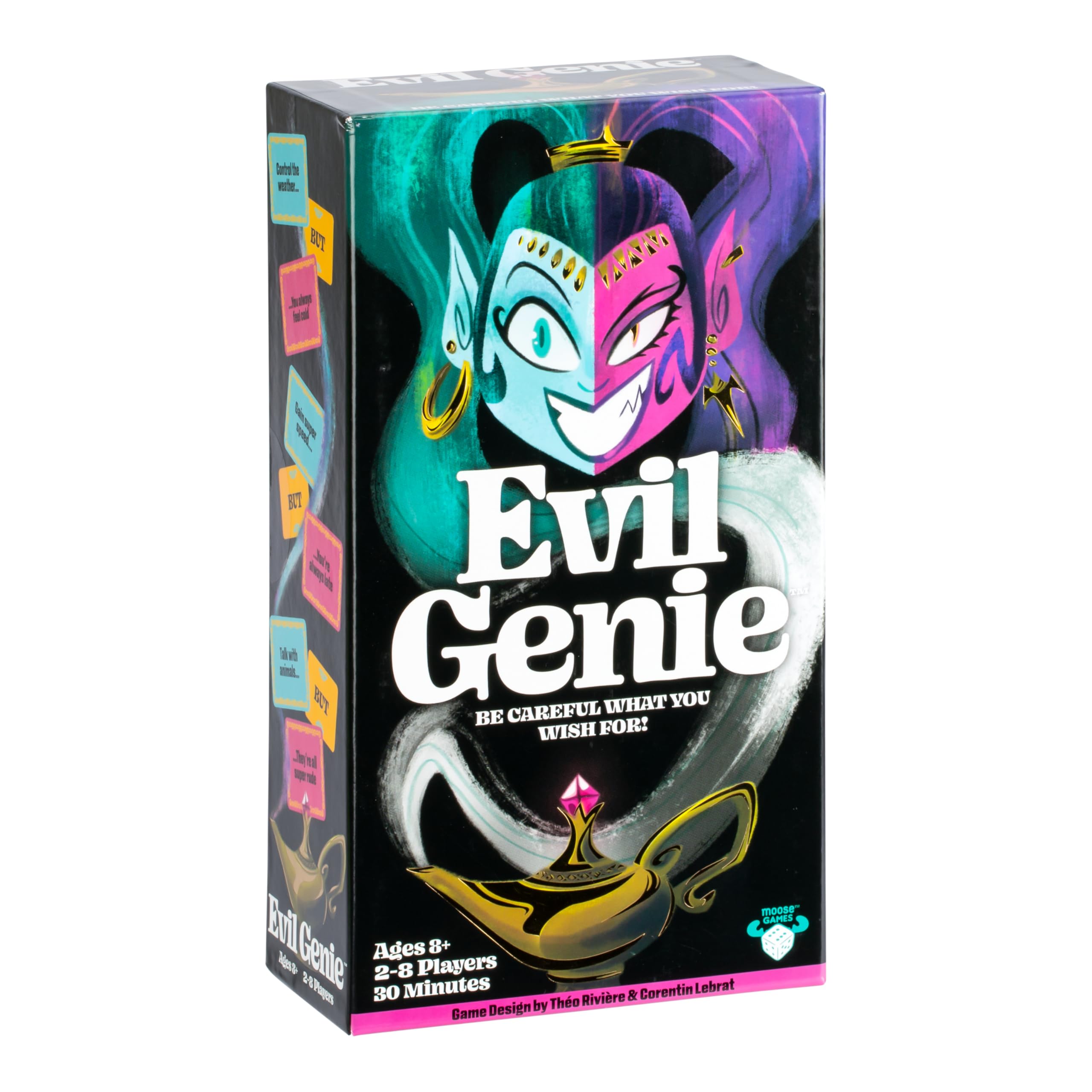 Evil Genie, Party Game Where Players Combine Good Cards with Evil Cards to Grant One Messed Up Wish, Then Guess If The Wish Will Be Taken to Score Points & Win The Game, for 2 – 8 Players, Ages 8+