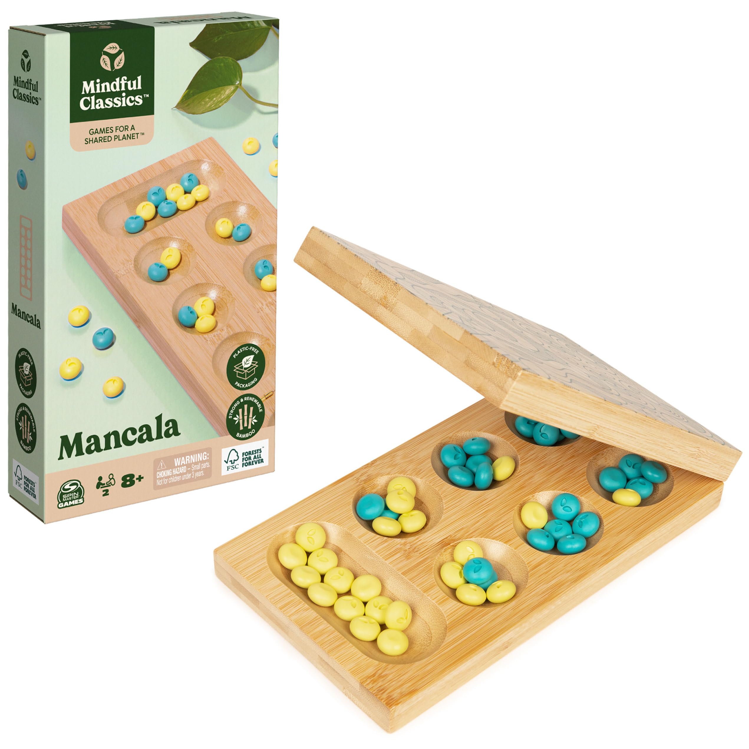 Mindful Classics, Mancala Board Game Made from Bamboo & Recycled Plastic for Earth Day, Eco-Friendly Products for Adults and Kids Ages 8 and up
