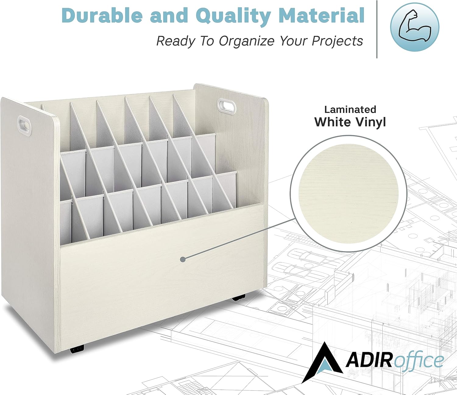 21-Slot Mobile Rolling Wood Blueprint Roll File Large Document Organizer