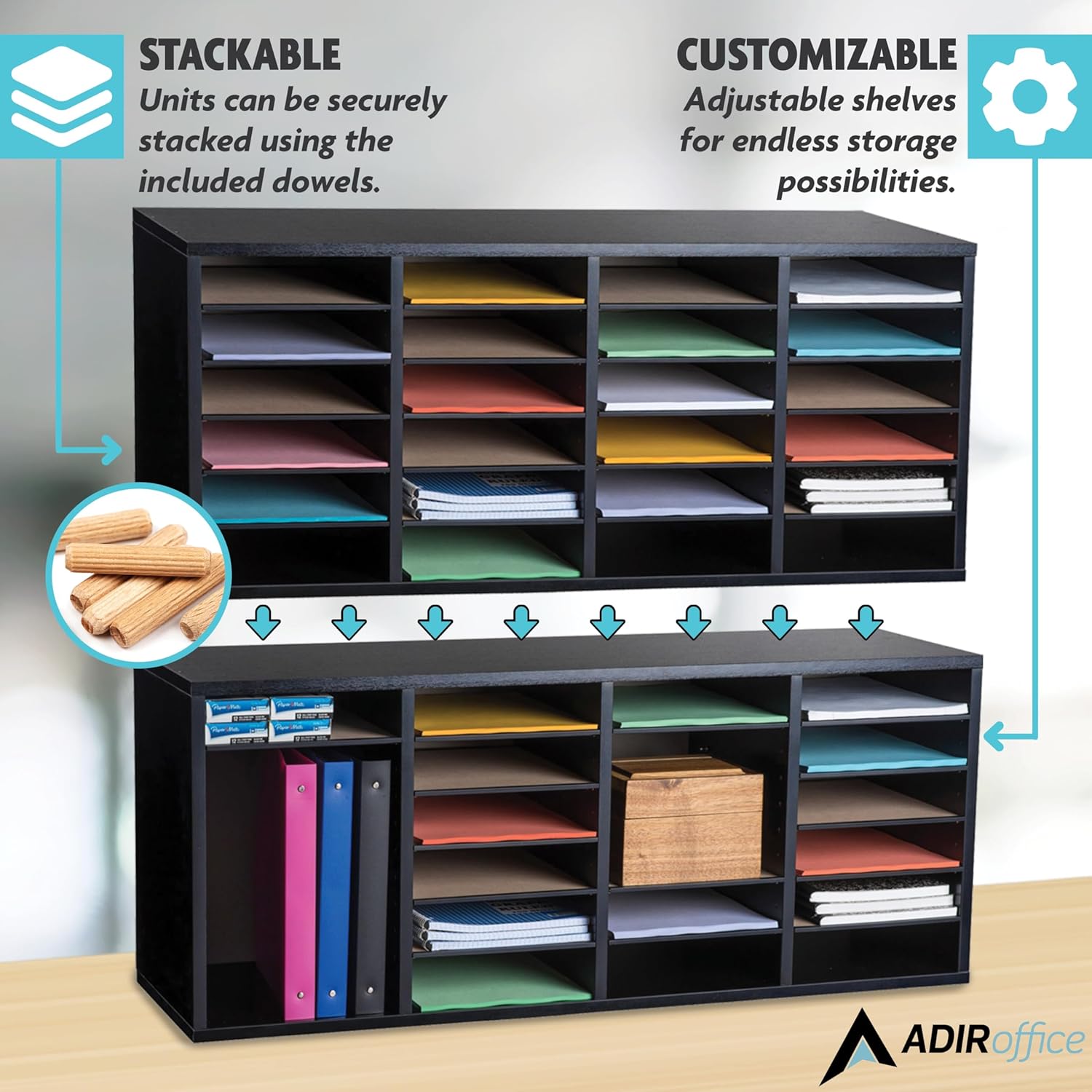 24-Compartment Wood Adjustable Paper Sorter Literature File Organizer, Black