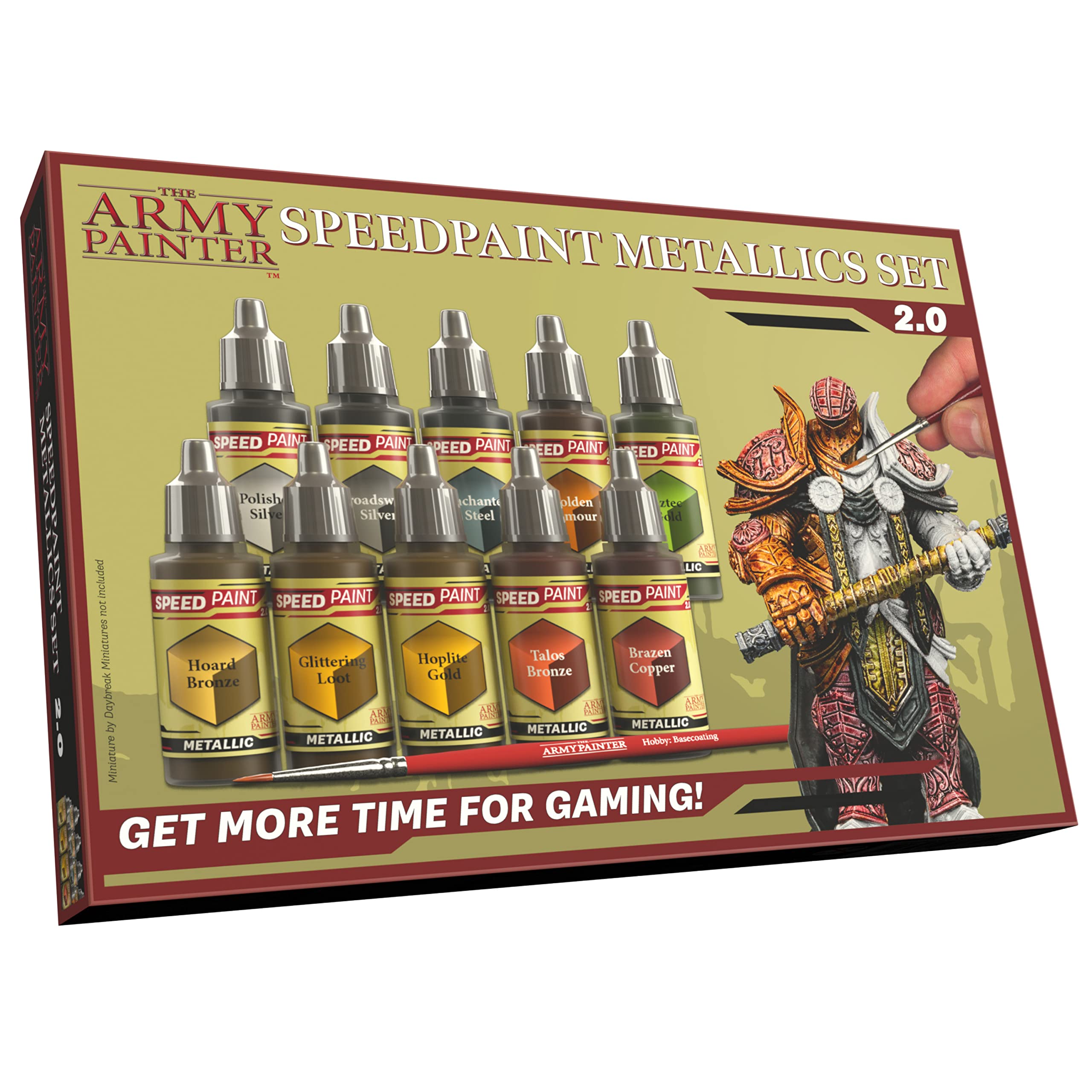 The Army Painter Speedpaint 2.0 Metallics Paint Set, 10 Bottles of Metal Acrylic Contrast Paint in 18ml Incl. 1 Free Basecoating Brush for Miniature Painting