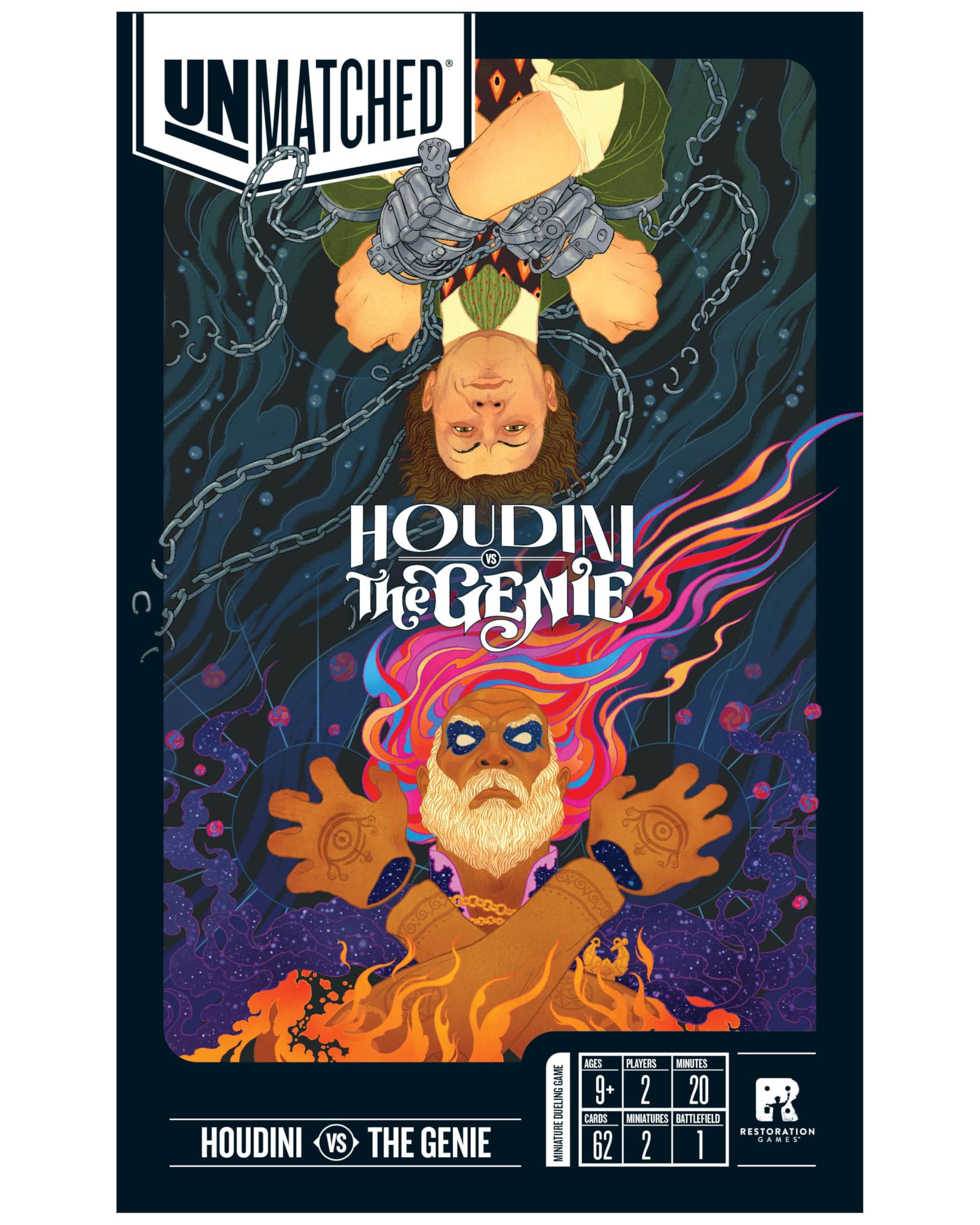 Restoration Games Unmatched Houdini vs The Genie - Strategy Board Game for 2 to 4 Players - Heroes Expansion with Miniatures, Unique Decks, and Abilities - 20 Min Playtime - Ages 9+