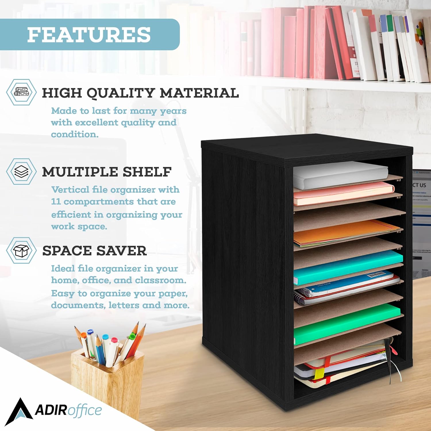 11-Compartment Wood Adjustable Vertical Paper Sorter Literature File Organizer, Black