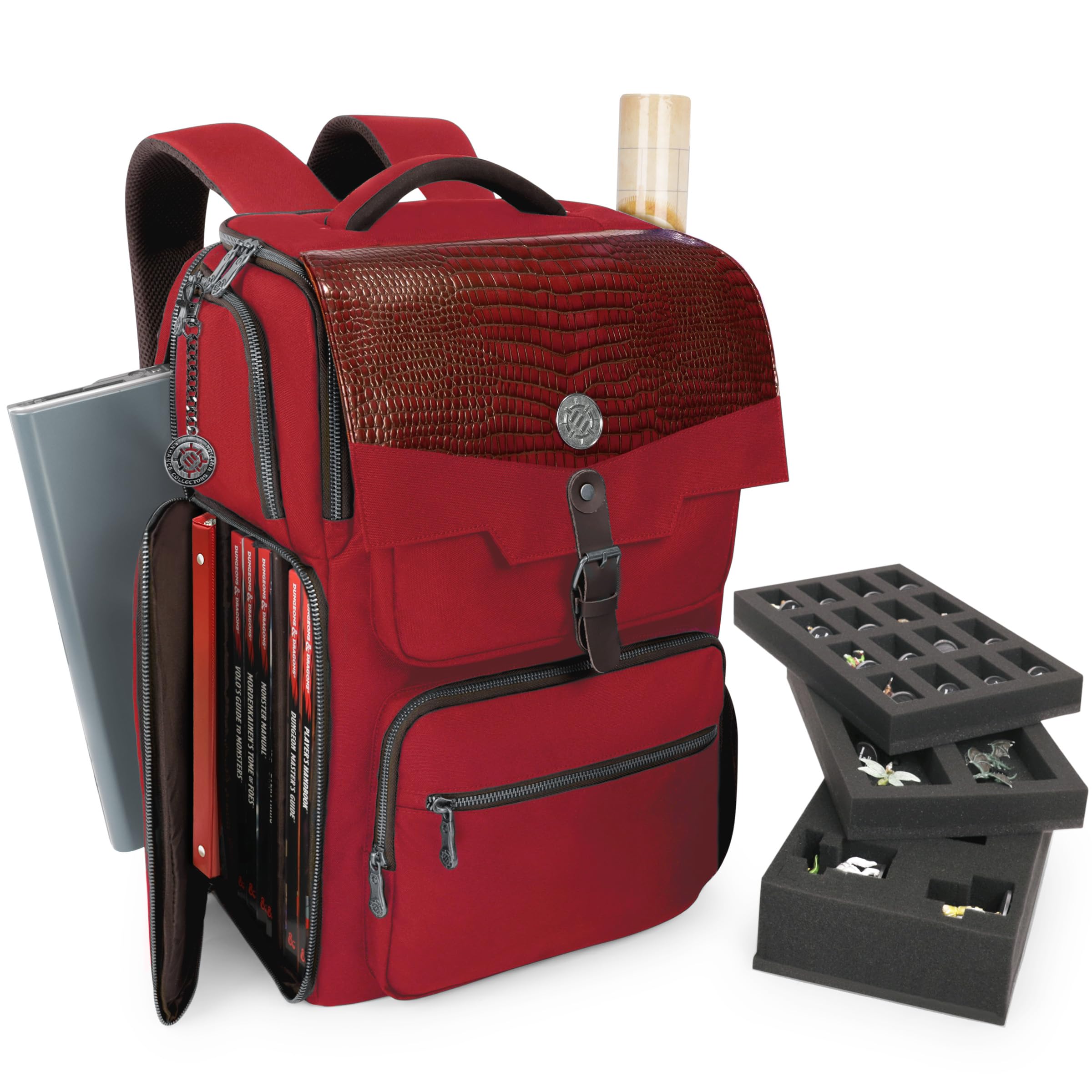 ENHANCE Collector's Edition DnD Backpack - RPG DM Bag for Dungeons and Dragons - DnD Bag fits 6-8 Books, 18" Laptop/DM Screen Slot, Miniature Foam Trays, Accessory Pockets, Map Strap (Dragon Red)