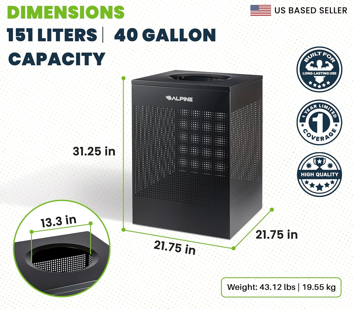 40 Gallon Black Perforated Metal Square Decorative Waste Receptacle