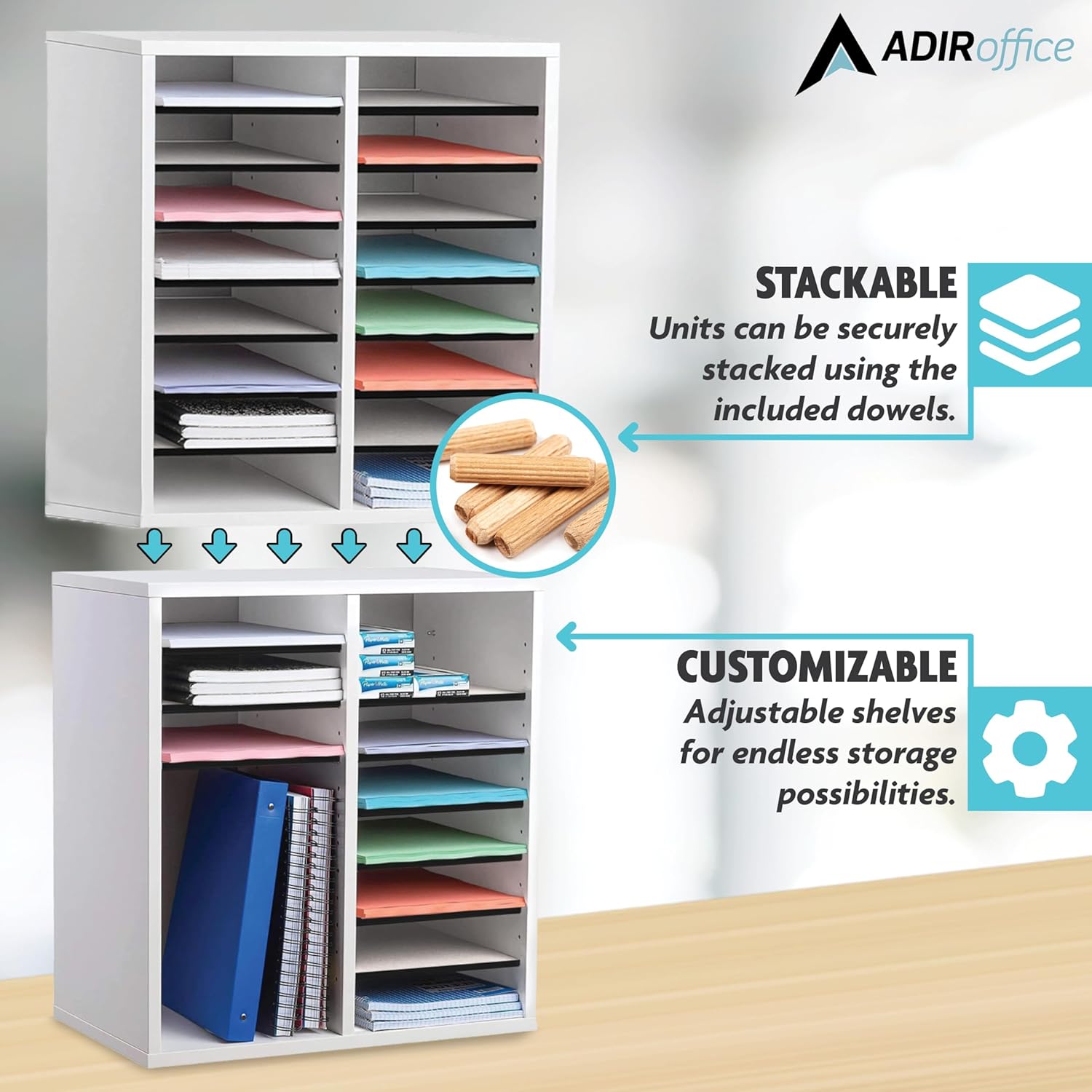 16-Compartment Wood Adjustable Paper Sorter Literature File Organizer, White