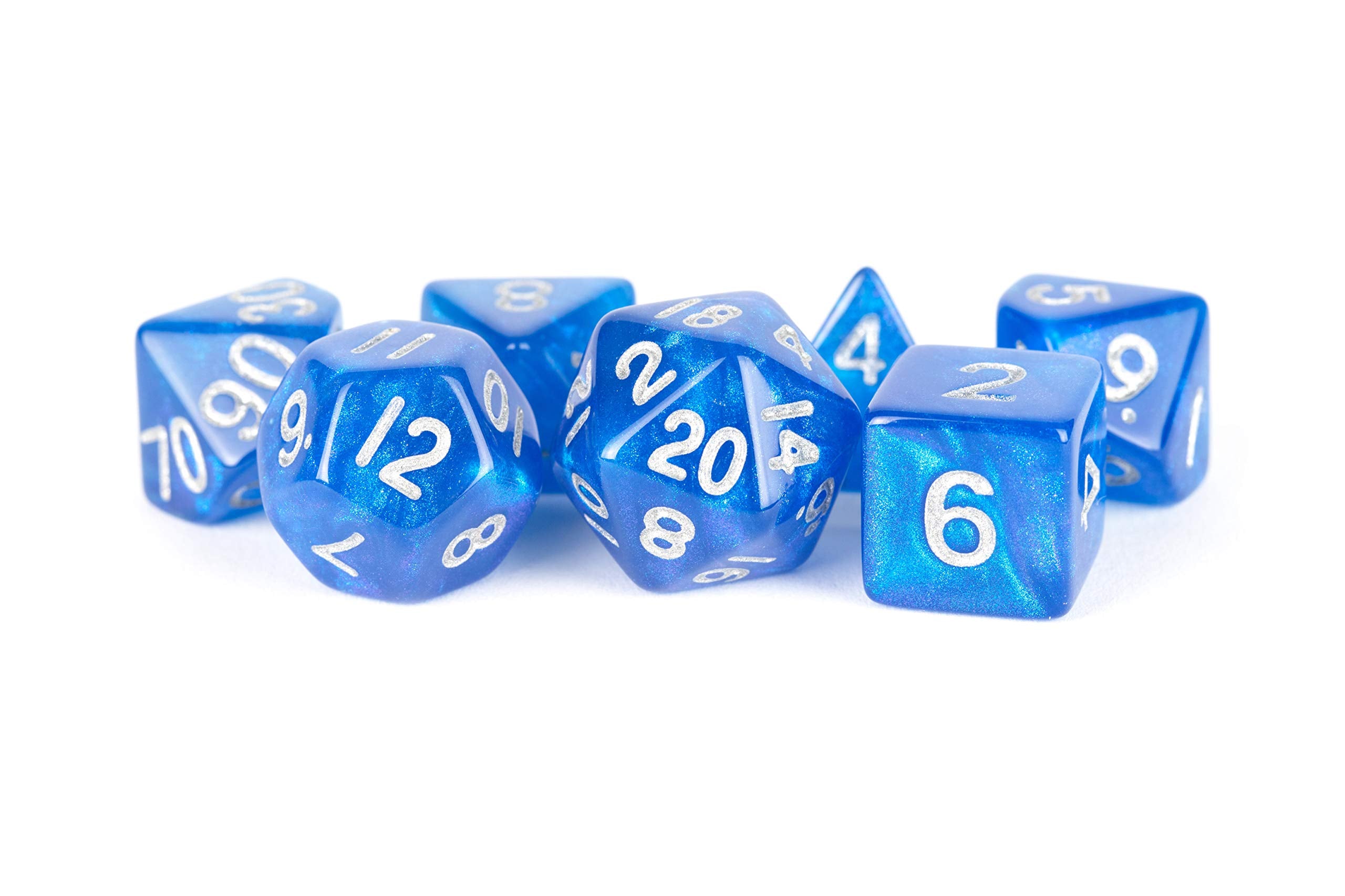 Metallic Dice Games Stardust Blue w/ Silver Numbers 16mm Acrylic Polyhedral Set
