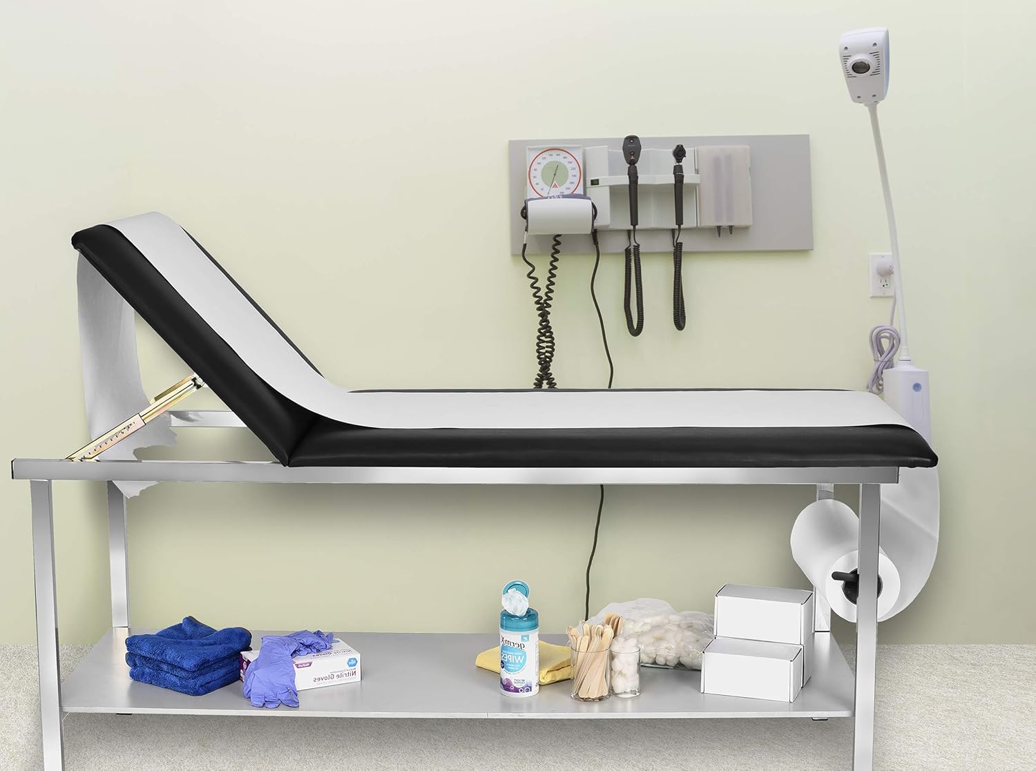 Adjustable Exam Table with Wooden Shelf and Paper Dispenser