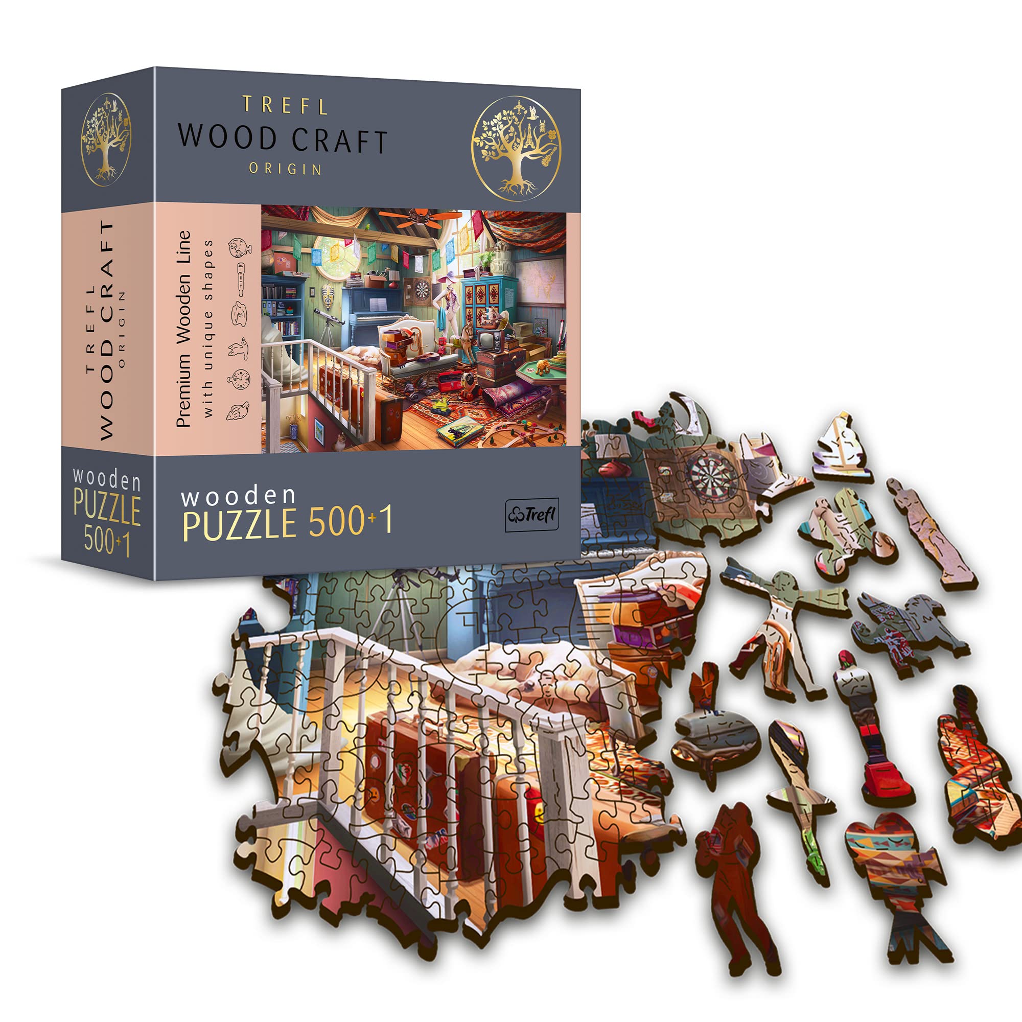 Trefl Treasures in The Attic 500+1 Piece Jigsaw Puzzle Wood Craft 15"x10" Irregular Shapes, 50 Special Puzzles, Modern Premium Jigsaw, for Adults and Children from 12 Years Old
