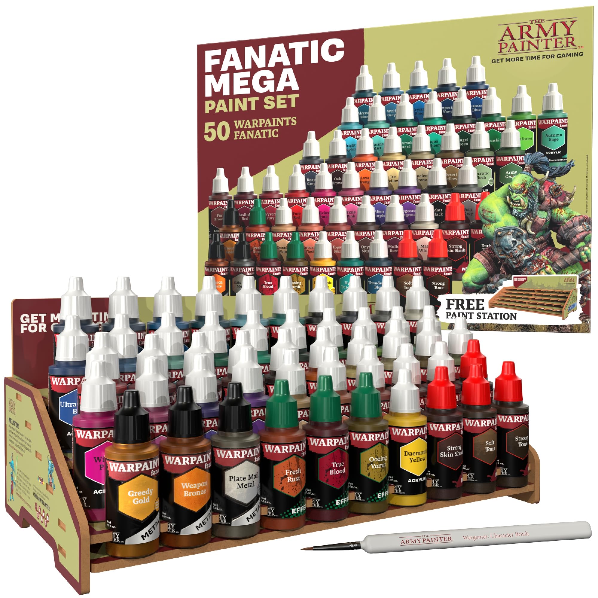 The Army Painter Warpaints Fanatic Mega Set, 50 Paints: 36 acrylic colours, 4 Skin Tones, 3 Metallics, 3 Effects, 4 Washes, 1 Free Paint Station & Brush, For Miniature Painting