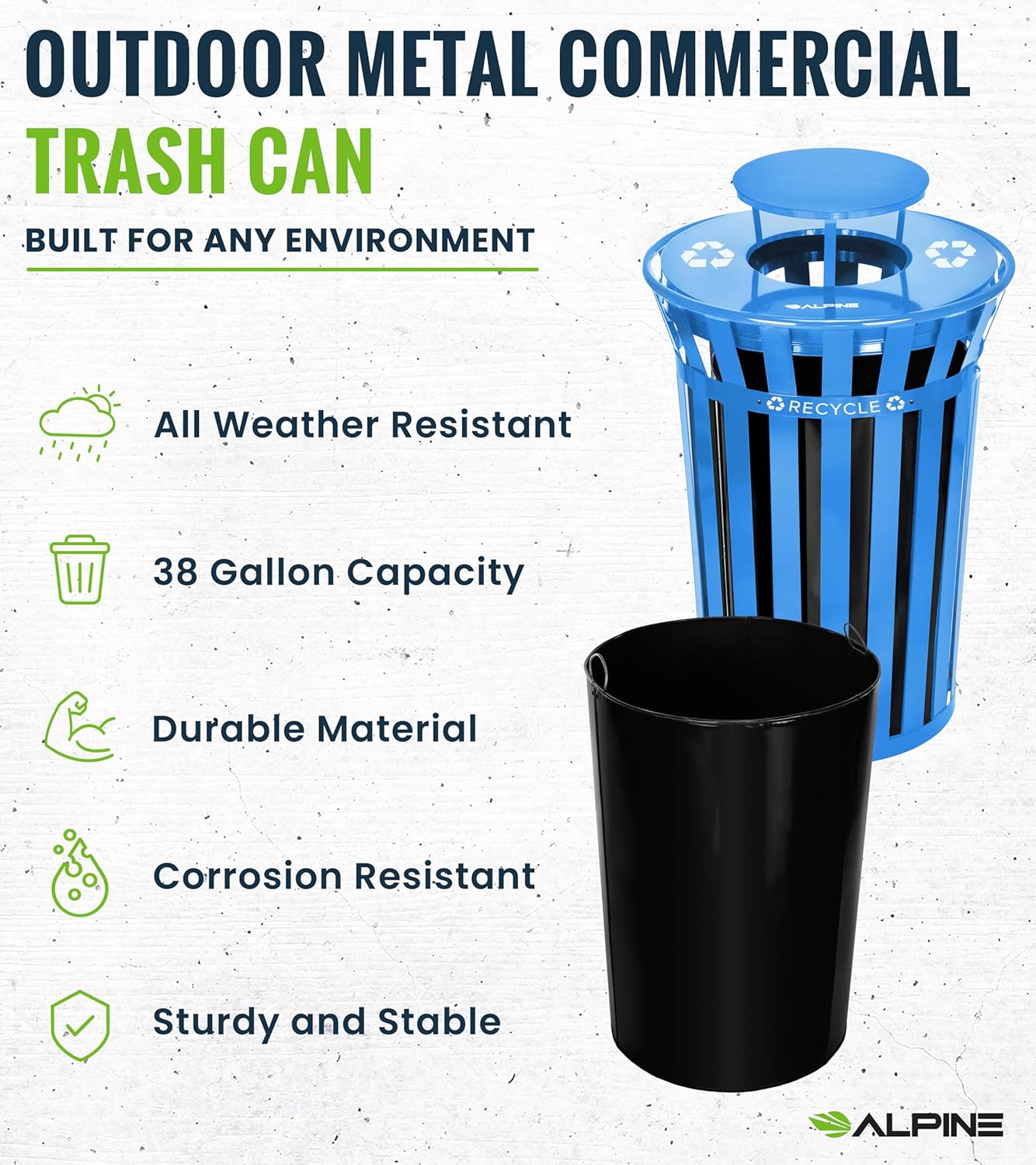 Alpine Industries Outdoor Metal Slatted Recycling Receptacle with Rain Bonnet Lid - 38 Gallon Blue