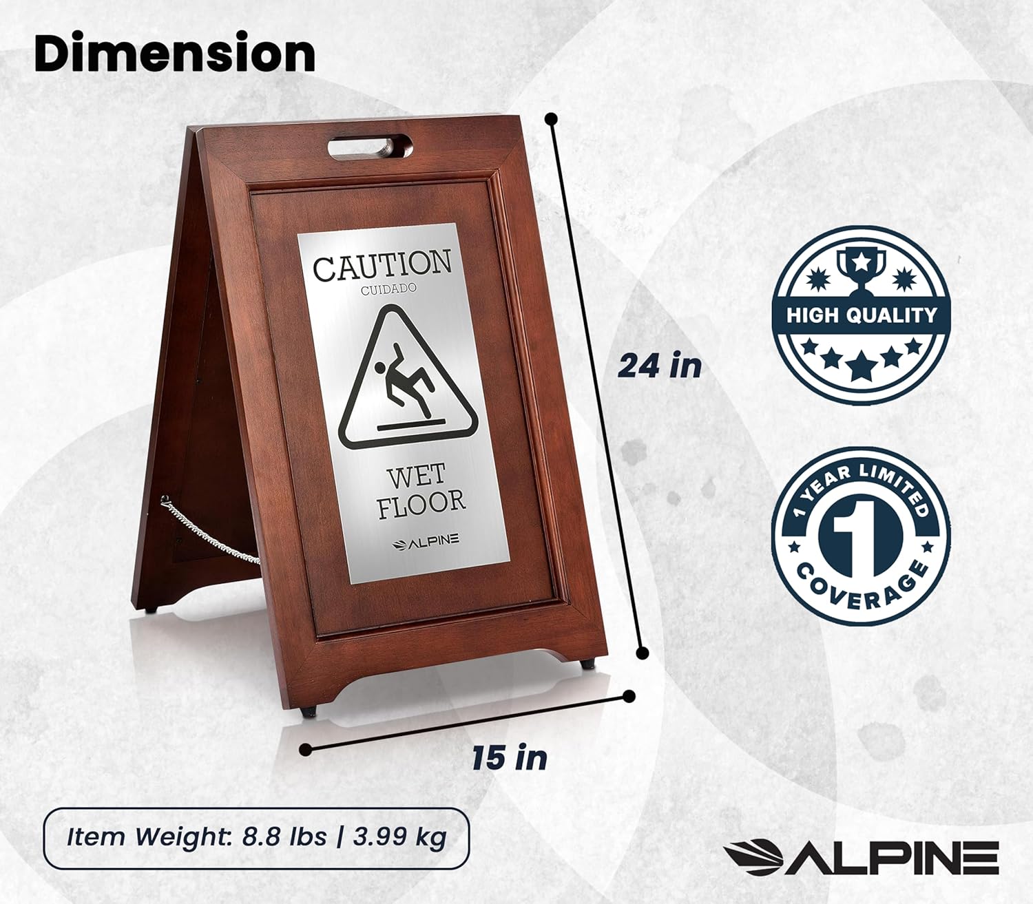 Alpine Industries 2-Sided Wooden Stainless Steel Wet Floor Sign