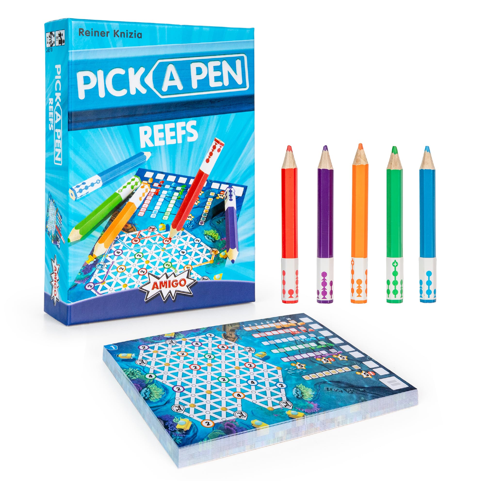 Amigo Games Pick a Pen Reefs – Highly Innovative Roll & Write Dice Game – Score Points by Making Colorful Routes & Collecting Treasures – Perfect for Family Game Night – Kids & Adults Ages 8+