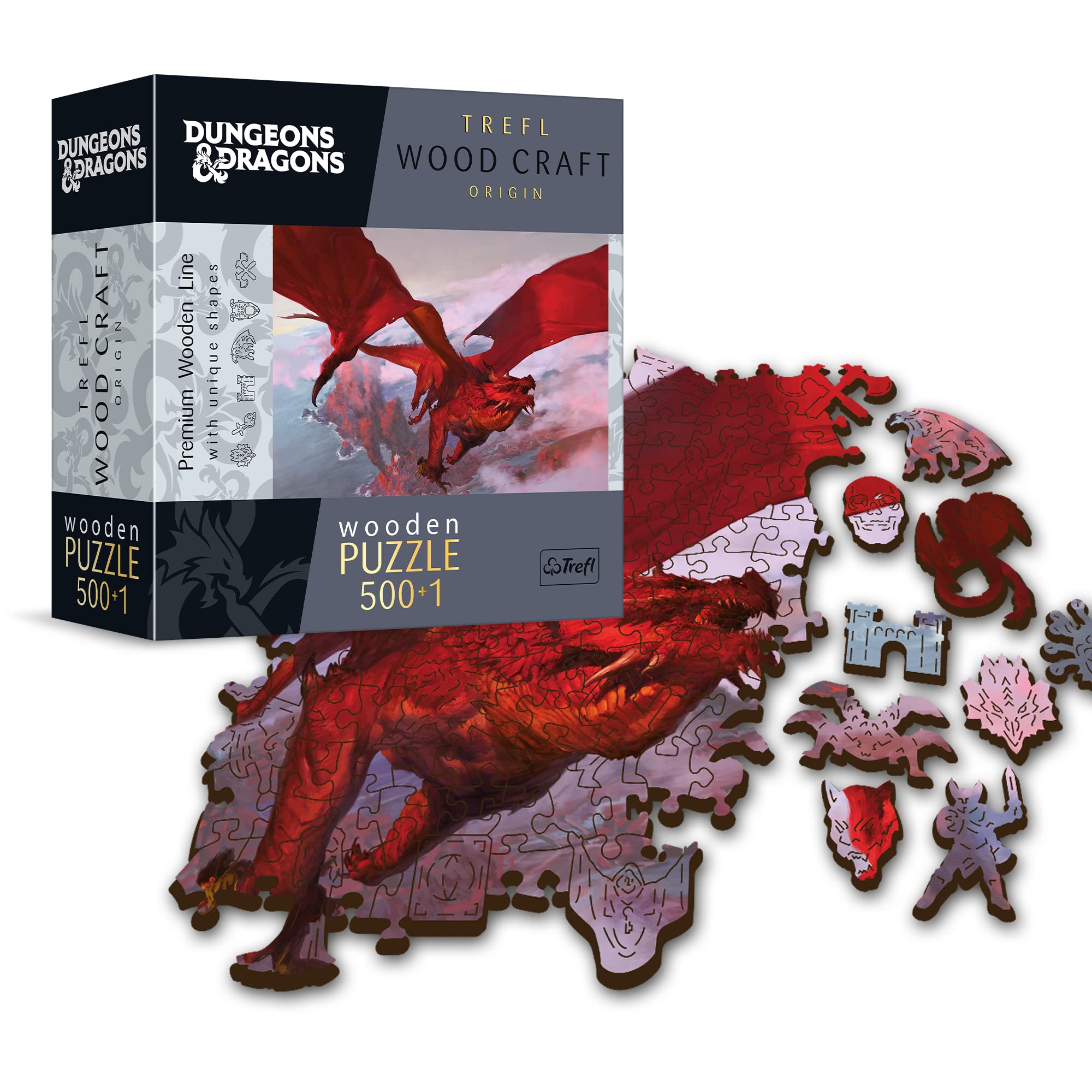 Trefl Dungeons & Dragons Wood Craft 500+1 Piece Jigsaw Puzzle Ancient Red Dragon Irregular Shapes, 50 Puzzles of D&D Symbols, Modern Premium Jigsaw, for Adults and Children from 14 Years Old