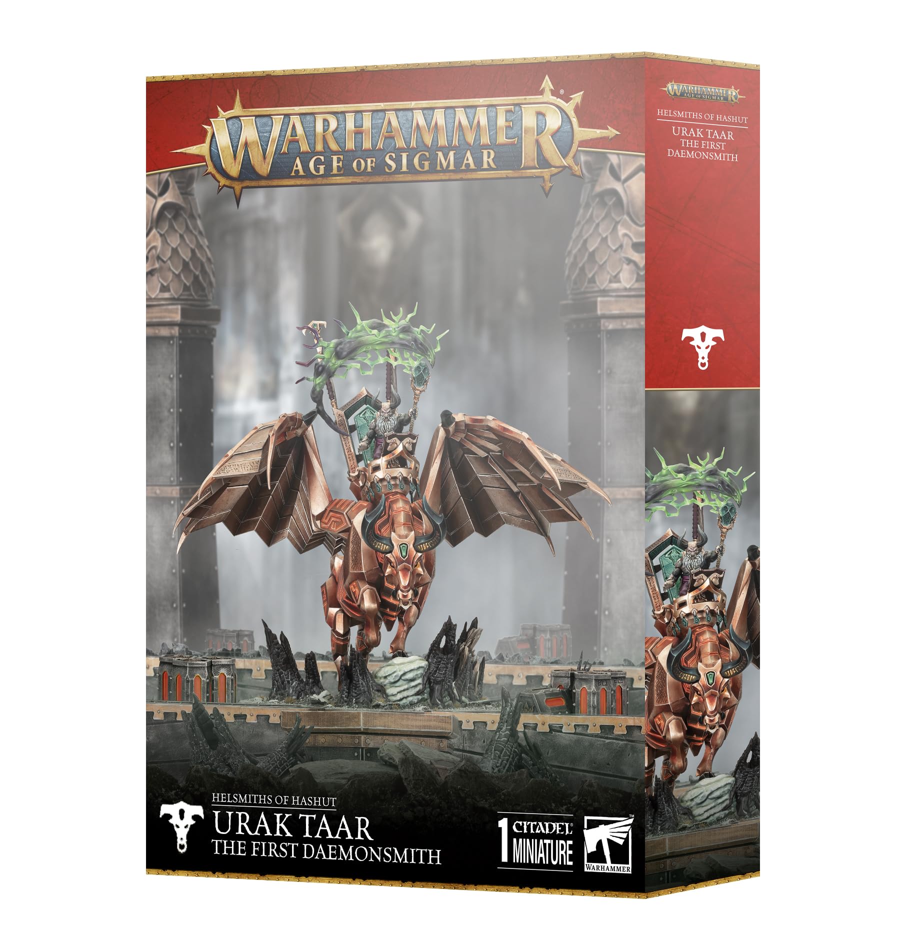 Warhammer Age of Sigmar Urak Taar The First Daemonsmith – Mounted Infernal Taurus Plastic Miniature Kit, 76 Components, 130mm Round Base – Unpainted
