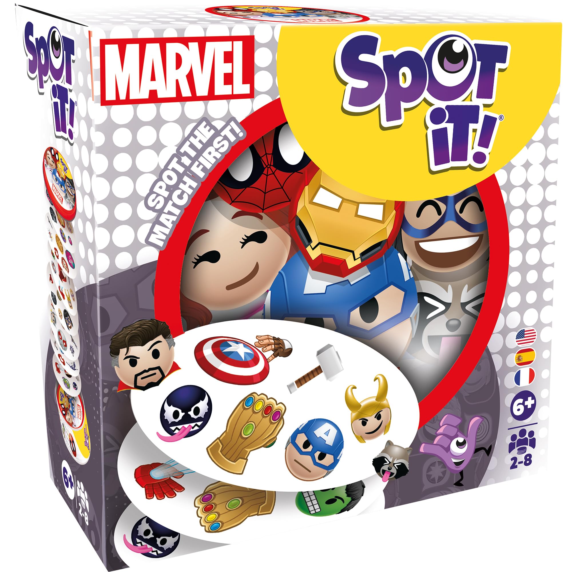 Asmodee Spot It! Marvel Emojis Card Game (2024 Refresh) - Eco-Sleeve Edition, 5-in-1 Visual Perception Game for Quick Reflexes and Family Fun, Ages 6+, 2-8 Players, 10 Minute Playtime