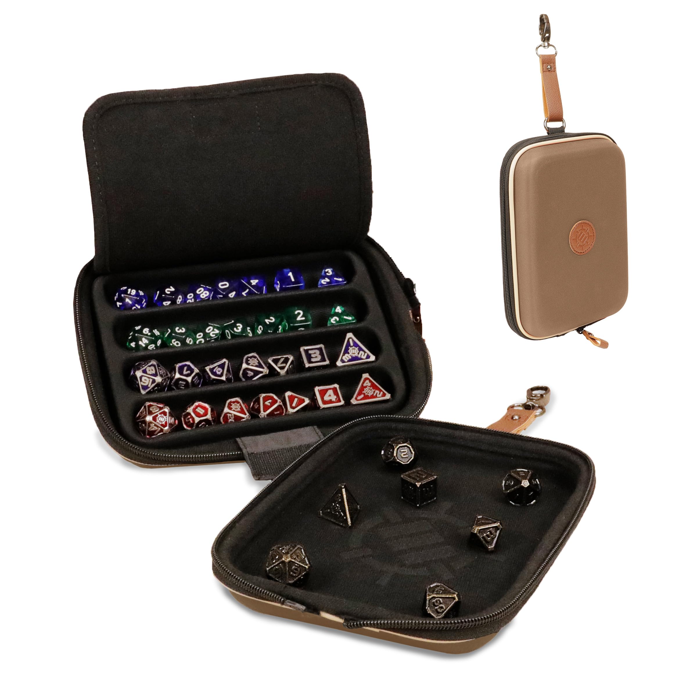ENHANCE Designer Edition Dice Tray - Stylish Dice Case and Dice Holder for 28+ Dice with EVA Shell Protection - Dice Rolling Tray with Removable Dice Holder for DnD, Other RPG Games (Tan)