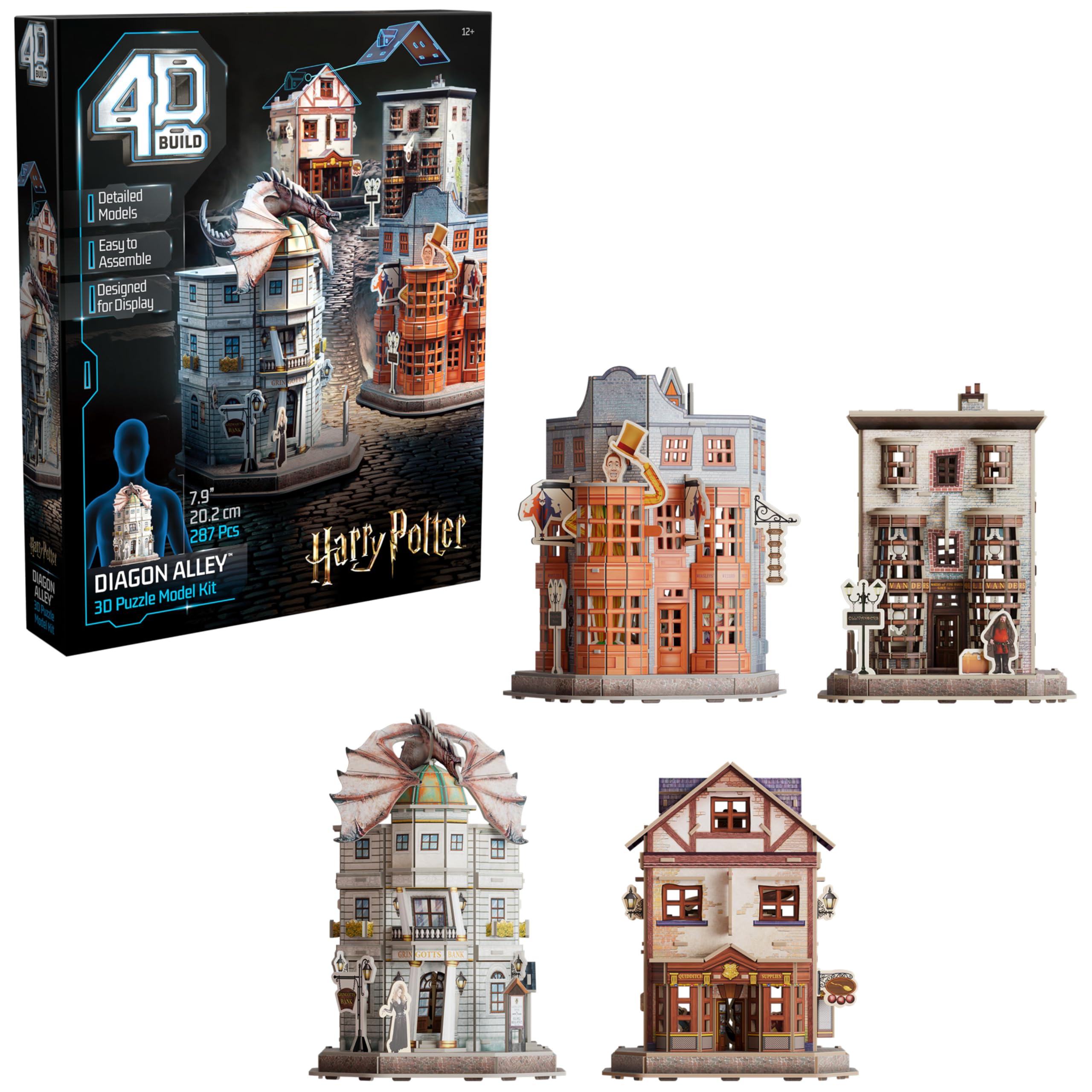 4D Build, Harry Potter Diagon Alley 3D Model Kit with 4 Buildings, Harry Potter Collectibles & Desk Décor, Adult Puzzle, Building Toys, 3D Puzzles for Adults & Teens, 287 Pieces, for Ages 12 & Up