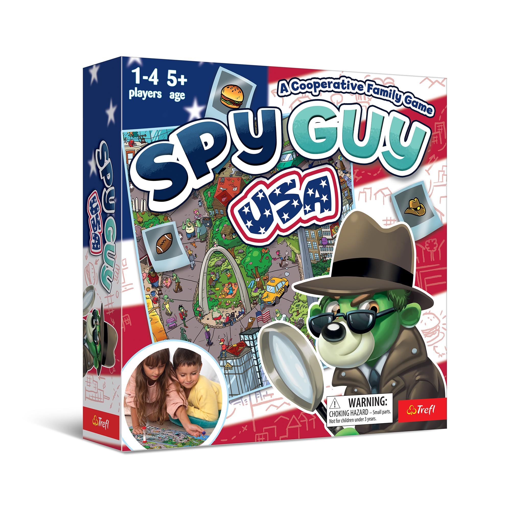 Trefl Spy Guy USA Cooperative Detective Game, Family Board Game, Huge Cartoon Board, US Monuments and Symbols, for Adults and Children Aged 5 and Over