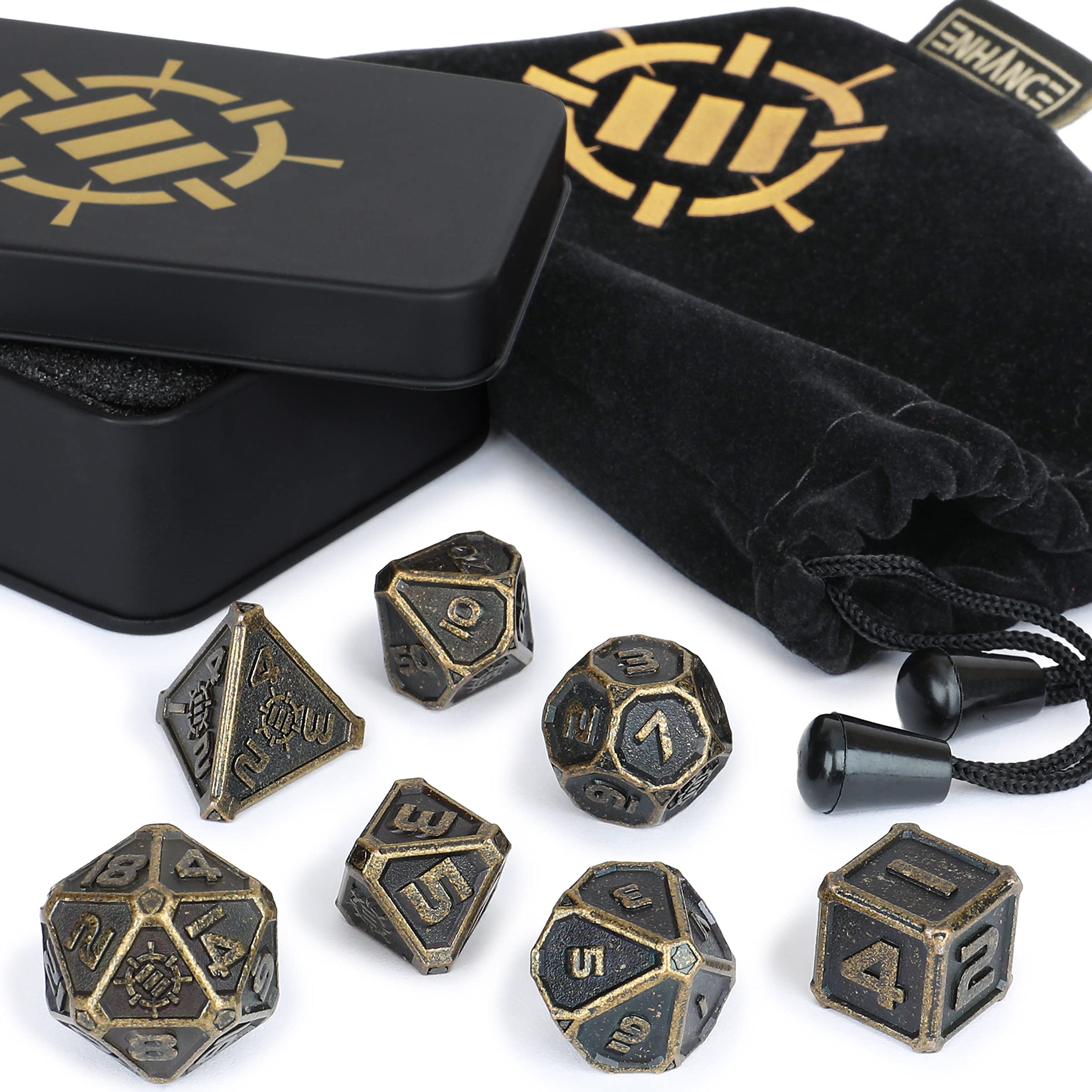 ENHANCE DND Metal Dice Set - 7pc Polyhedral Dice with Storage Case and Drawstring Bag - Solid Metal Set for Dungeons and Dragons, Pathfinder, More RPGs (Ancient Bronze)