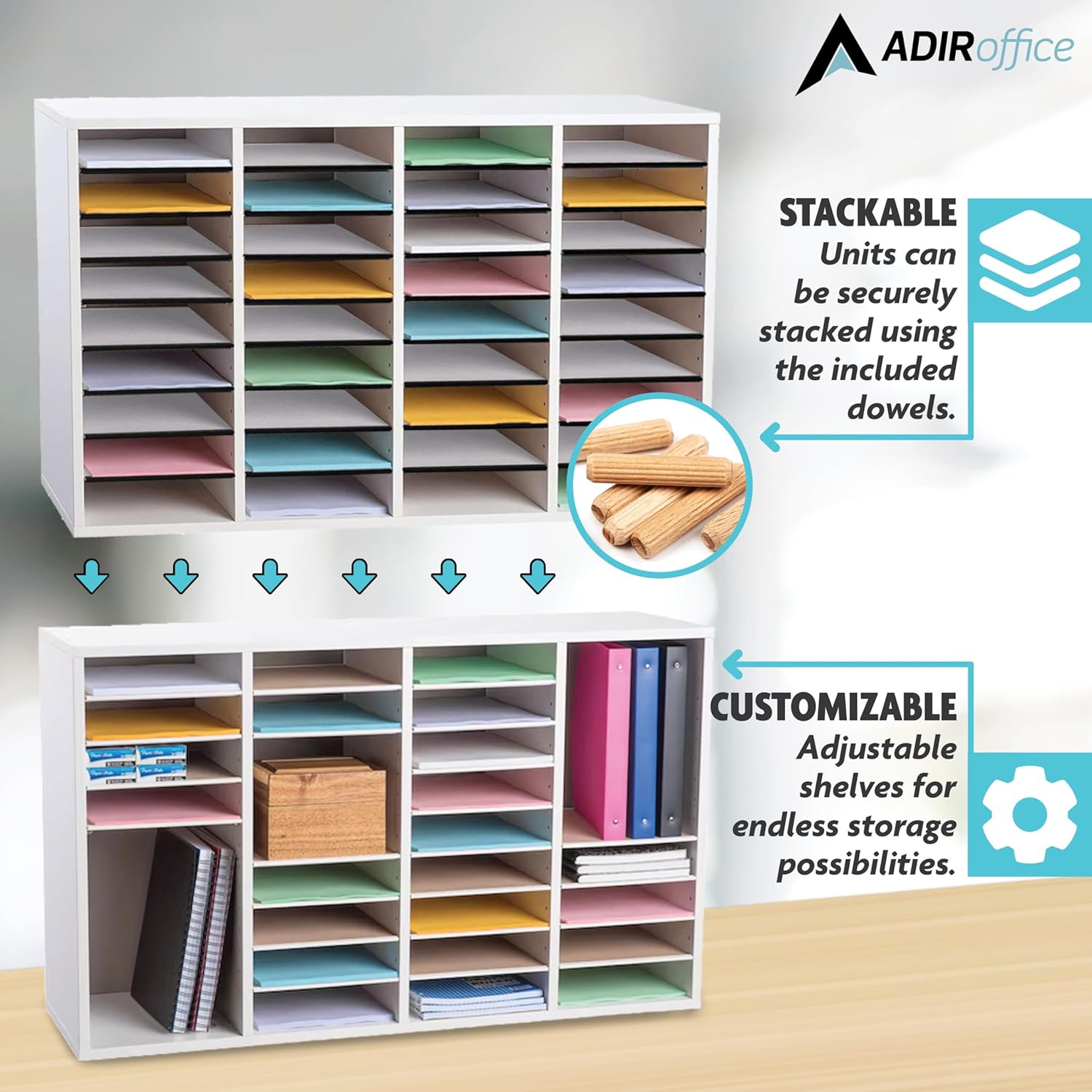 36-Compartment Wood Adjustable Paper Sorter Literature File Organizer, White