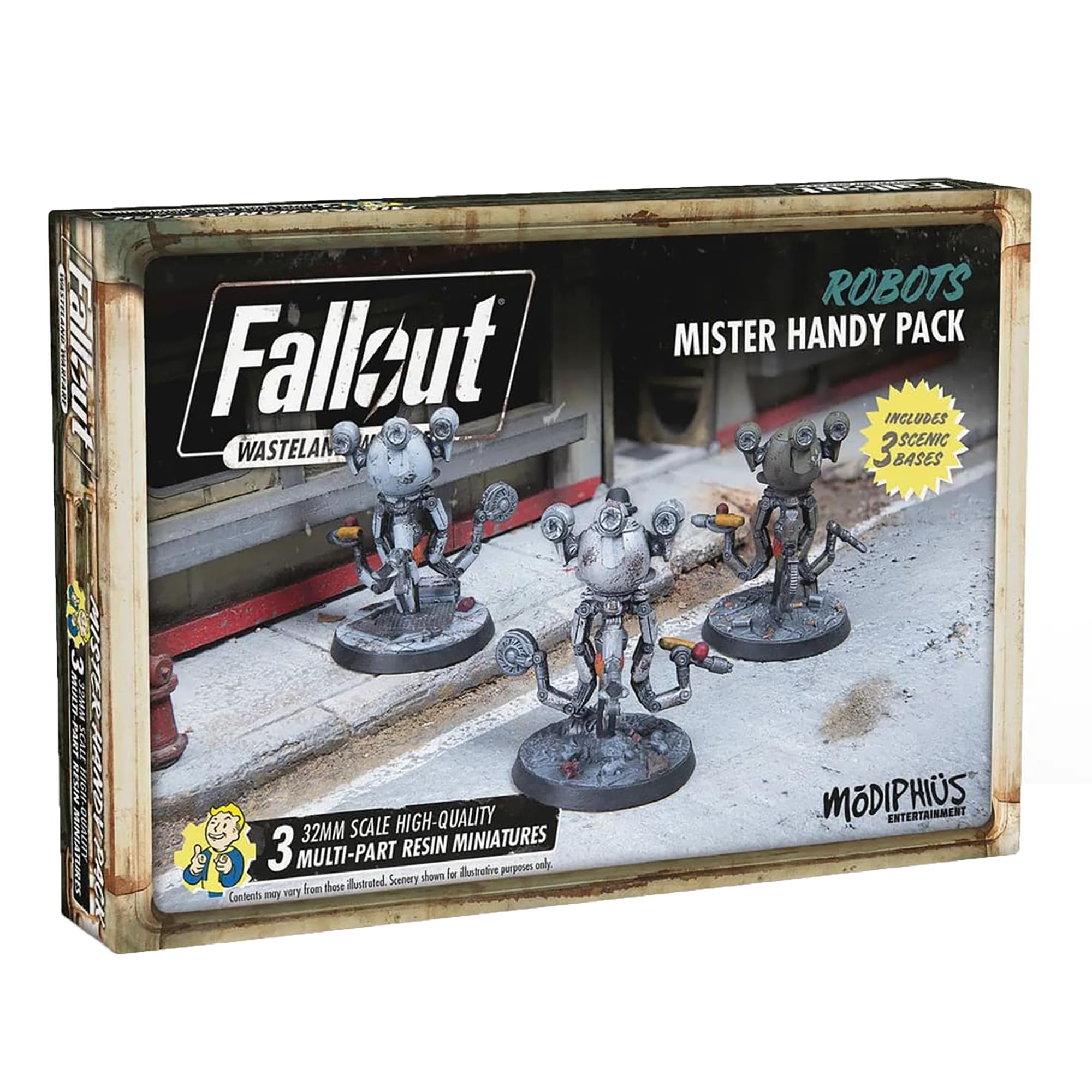Modiphius Entertainment: Fallout: Wasteland Warfare | Robots: Mister Handy Pack - 3 Figures, Unpainted 32mm Multi-Part Resin Miniatures & Bases, RPG
