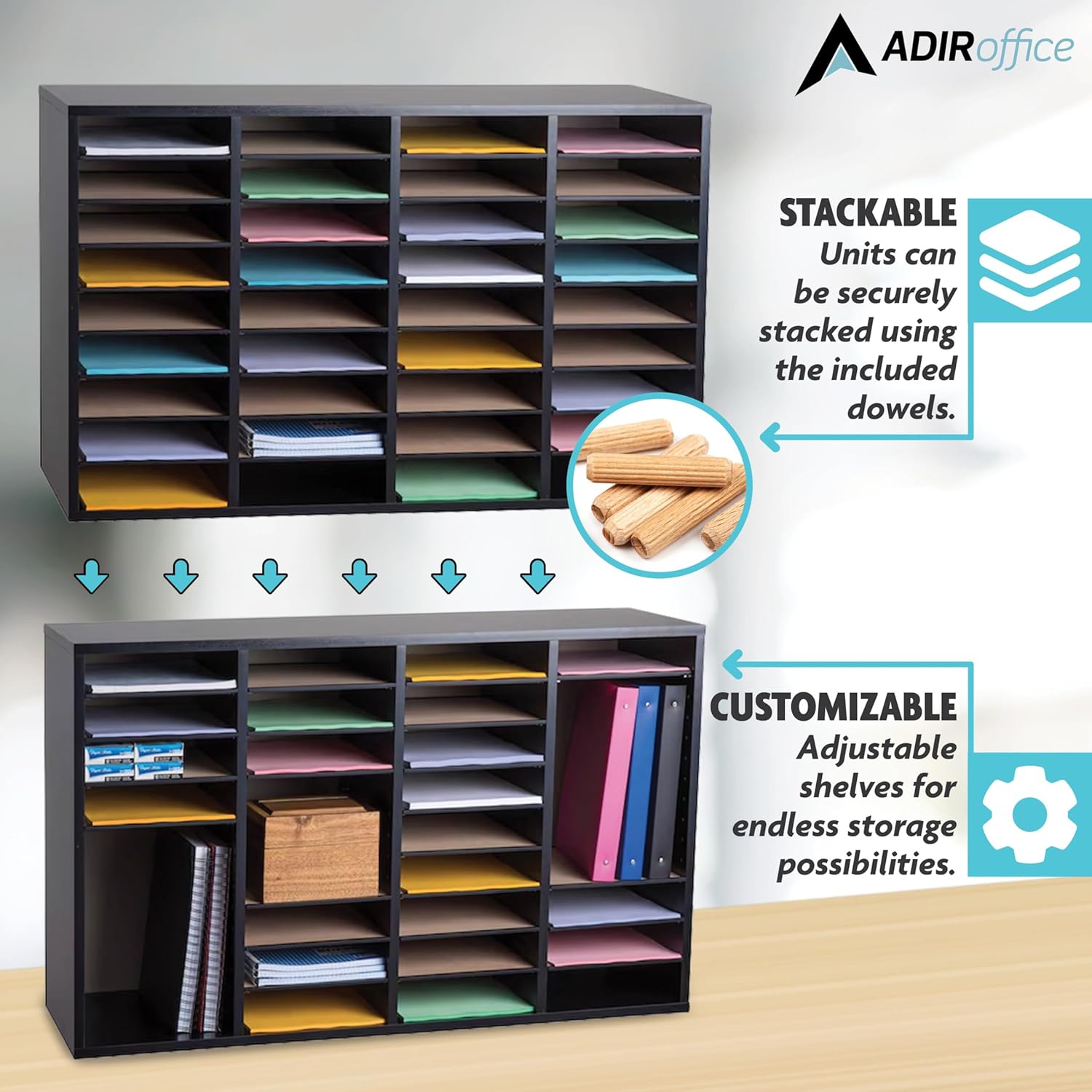 Wood Adjustable 36 Compartment Literature Organizer, Black 2 Pack