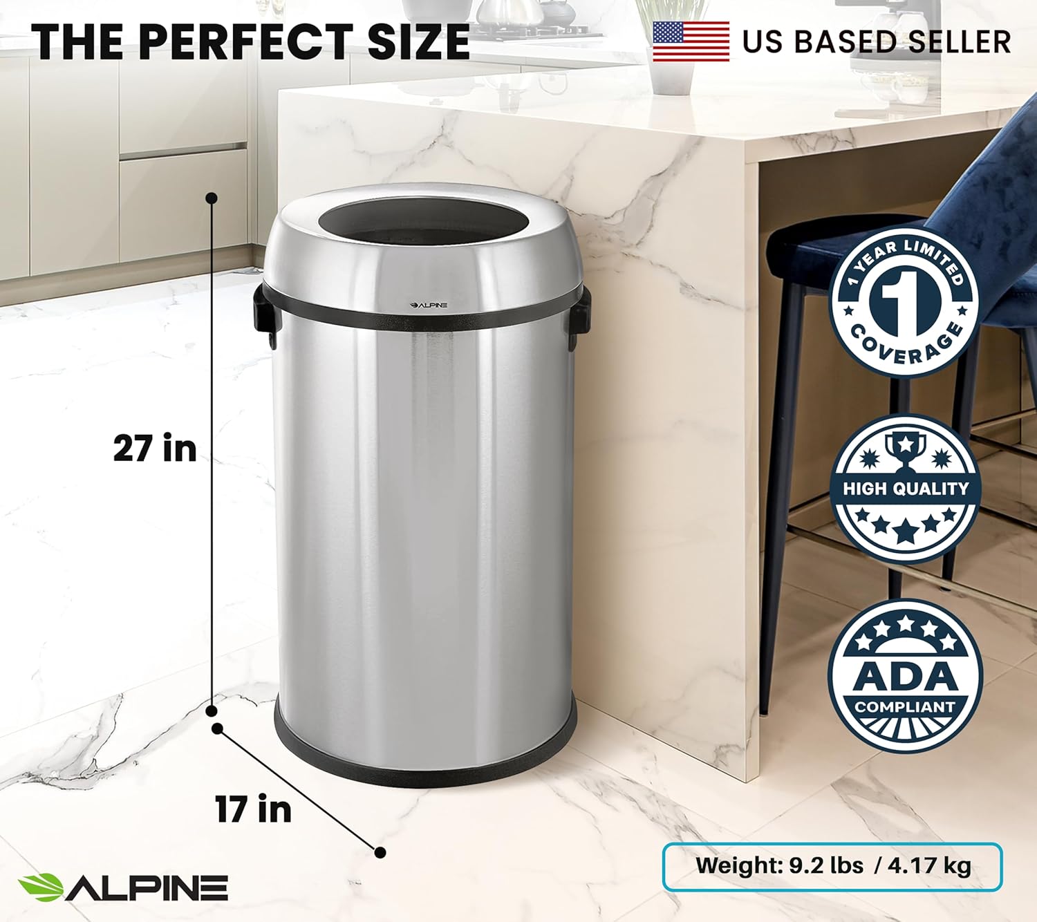 Alpine Industries 17 Gal. Stainless Steel Heavy-Gauge Brushed Open Top Commercial Trash Can 2 pack