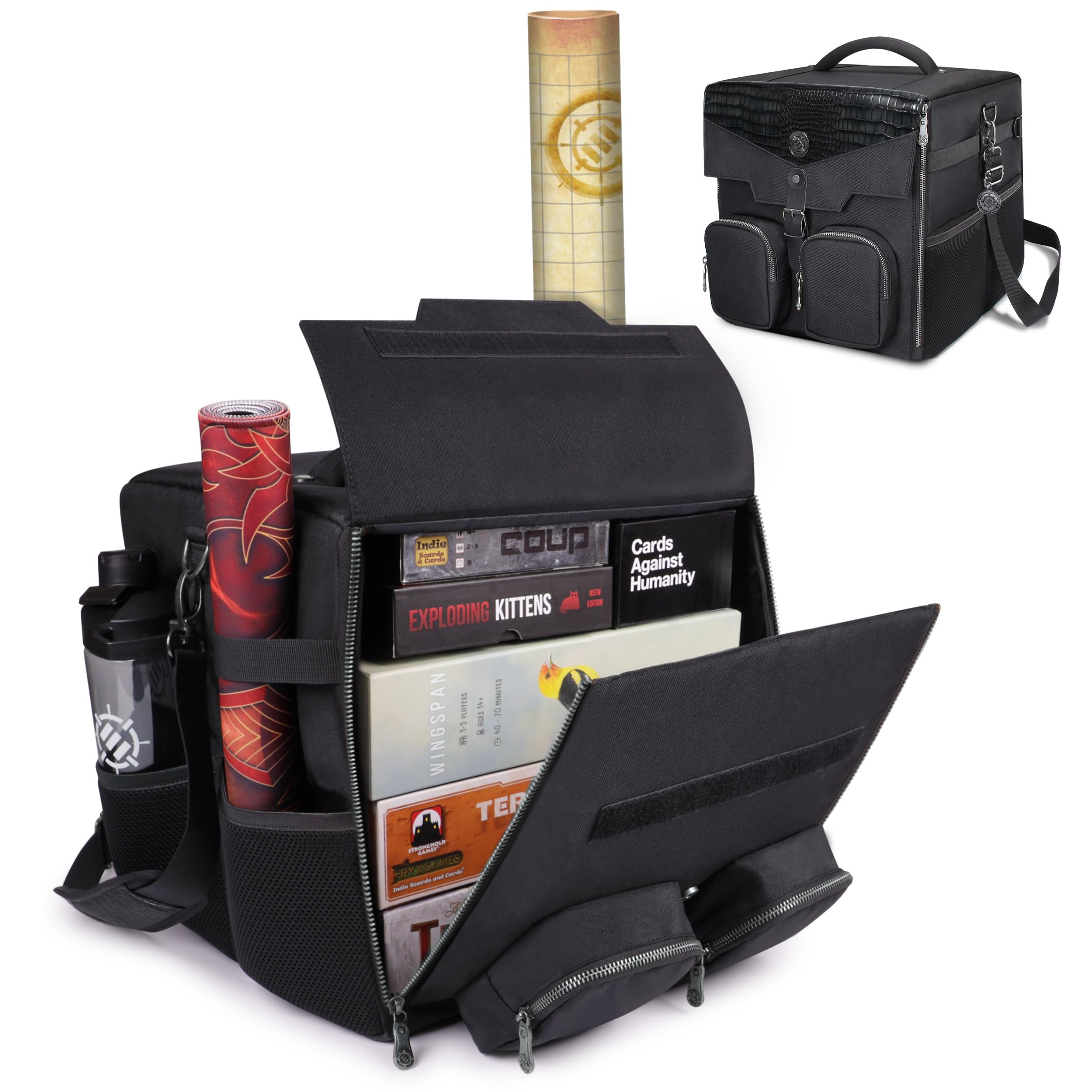 ENHANCE Board Game Shoulder Bag - Collector's Edition Board Game Storage with Shoulder Strap and Accessories Pockets for Dice, Cards, More - Reinforced Carrier Protects Tabletop Games (Dragon Black)