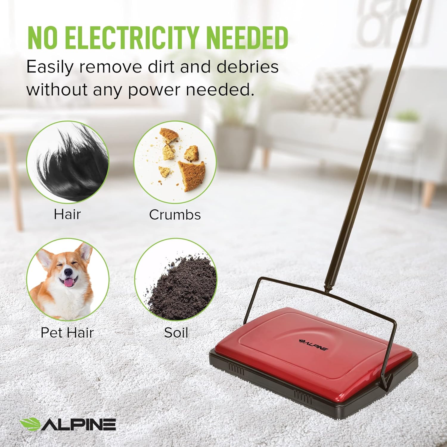 Alpine Industries Triple Brush Floor and Carpet Sweeper, Red