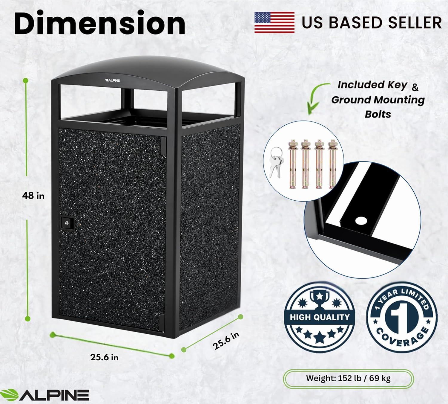Alpine Industries Rugged 55-Gallon All Weather Trash Container with Door - Grey Stone Panels