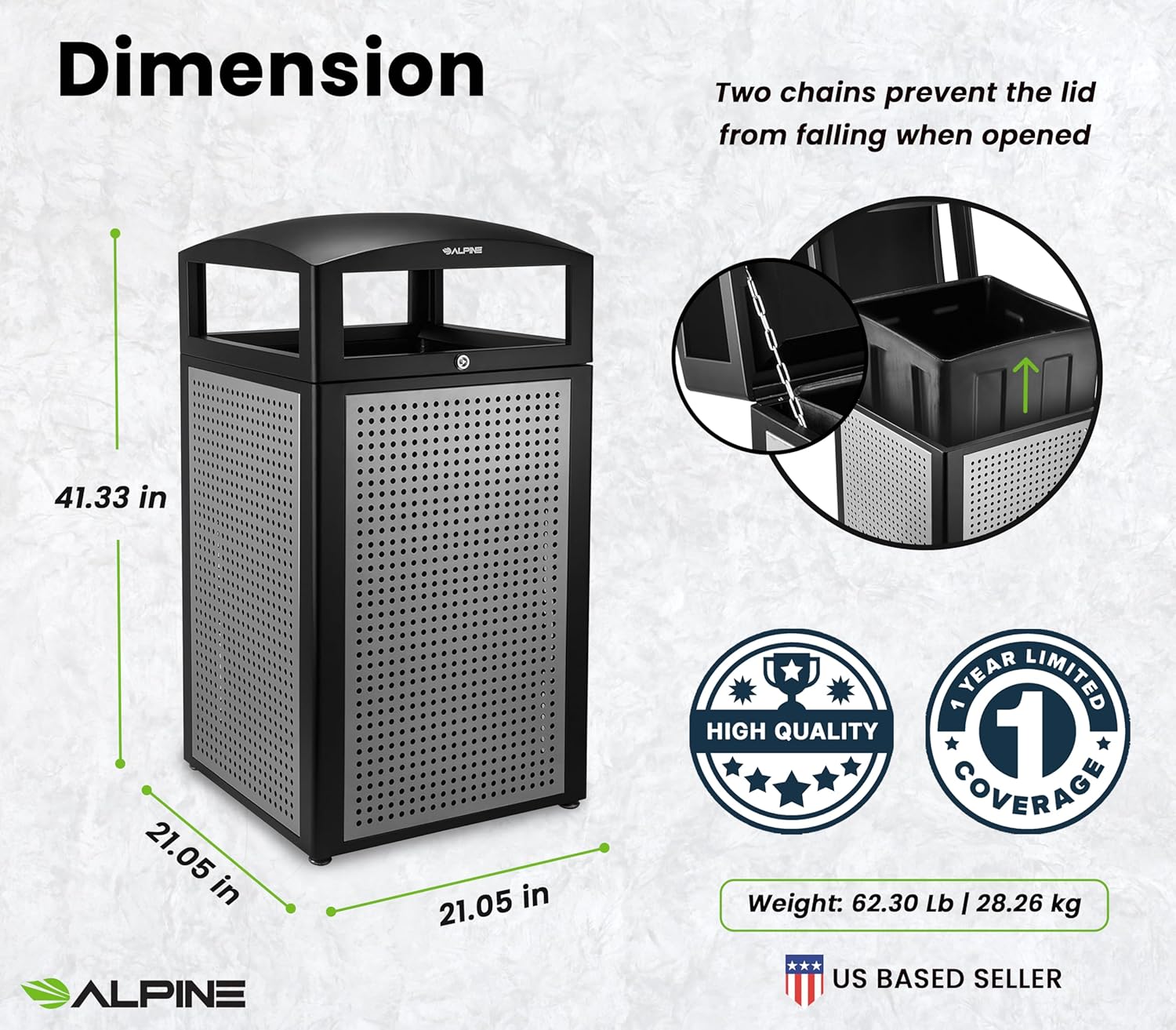 Alpine Industries Rugged 40-Gallon All-Weather Trash Containers with Steel Panels