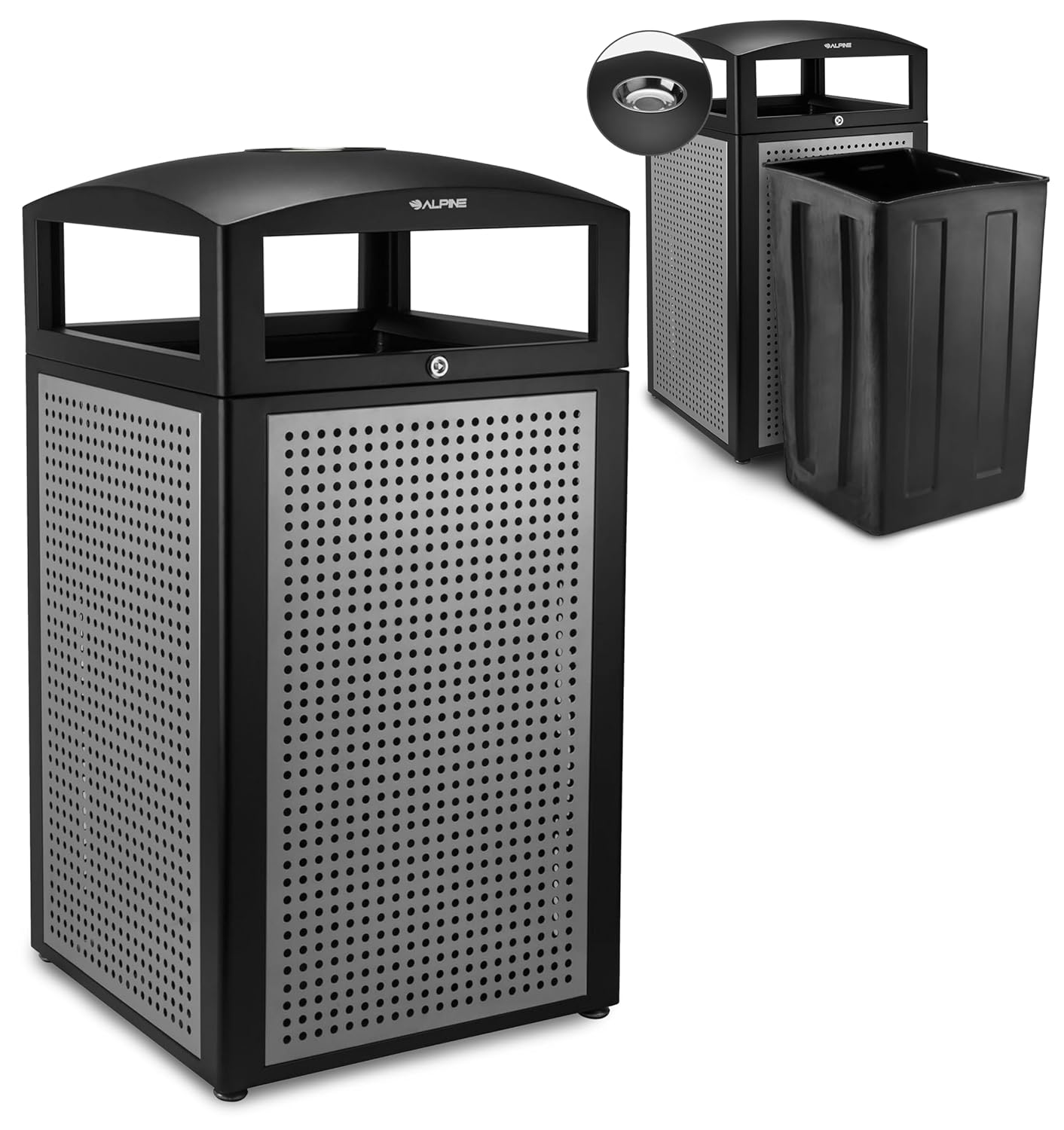 Alpine Industries Rugged 40-Gallon All-Weather Trash Containers with Steel Panels and Ash Tray