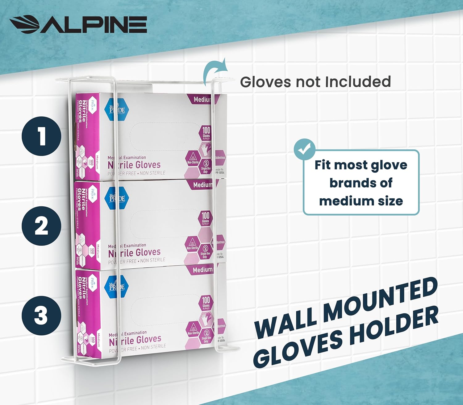 Alpine Industries Triple Box Wire Wall Mount Glove Dispenser, White