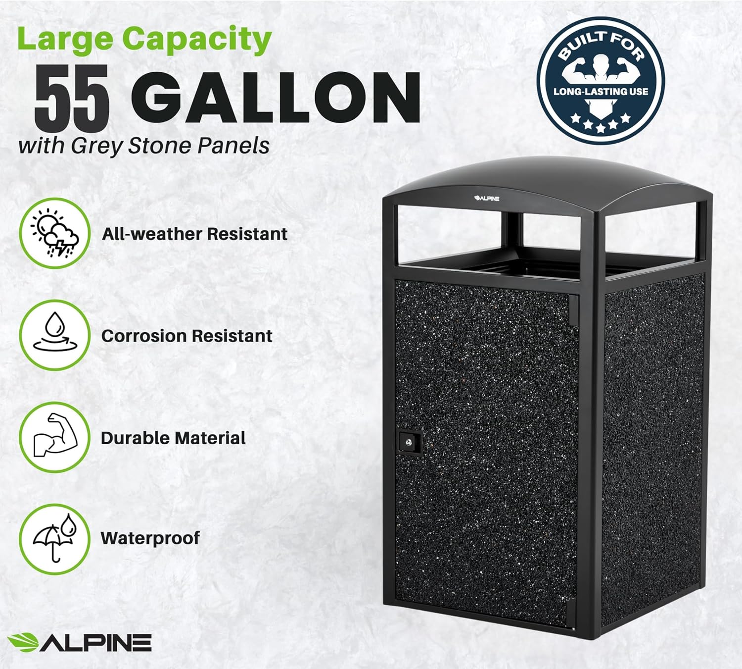 Alpine Industries Rugged 55-Gallon All Weather Trash Container with Door - Grey Stone Panels