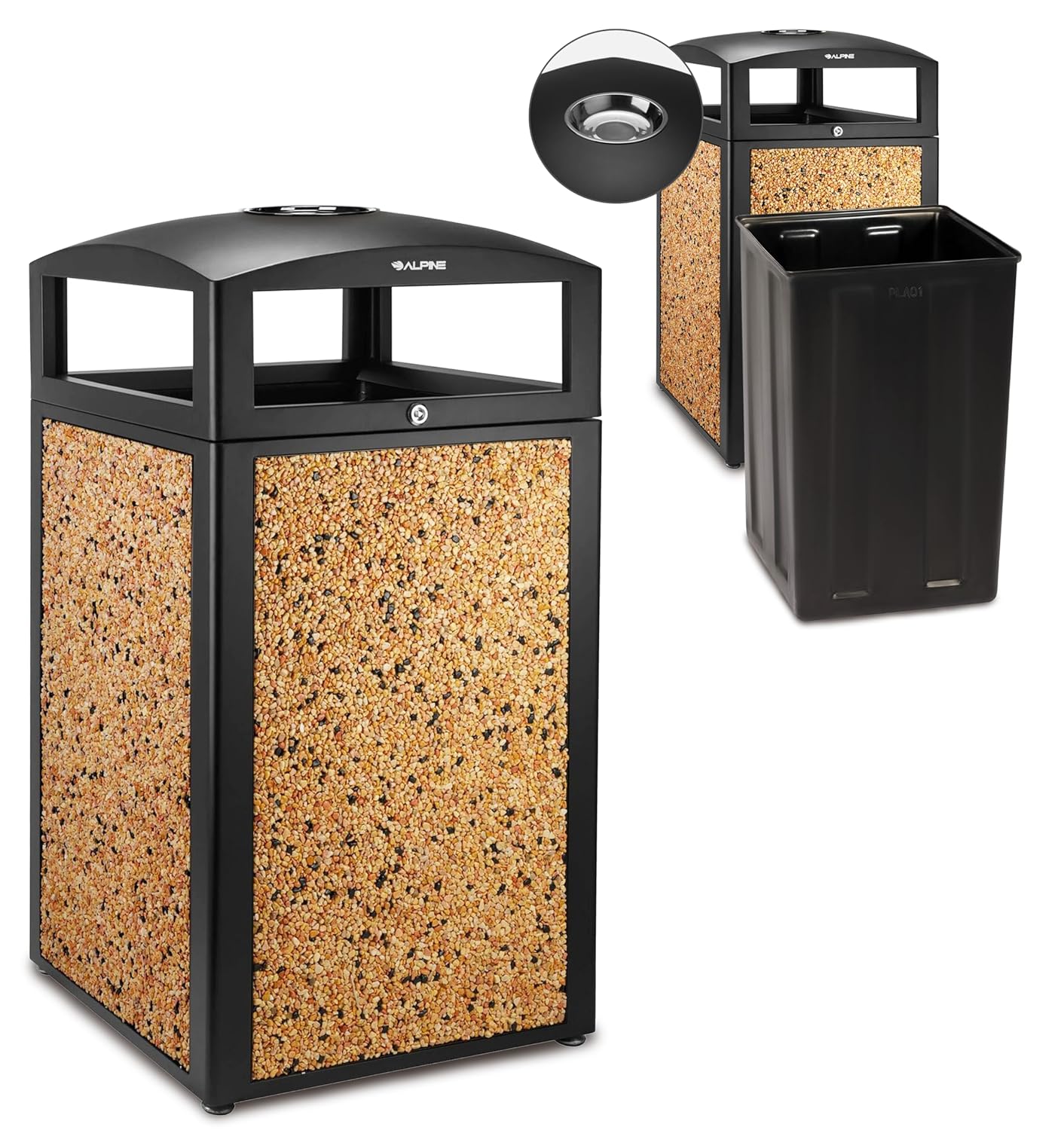 Alpine Industries Rugged 40-Gallon All-Weather Trash Containers with Stone Panels and Ash Tray