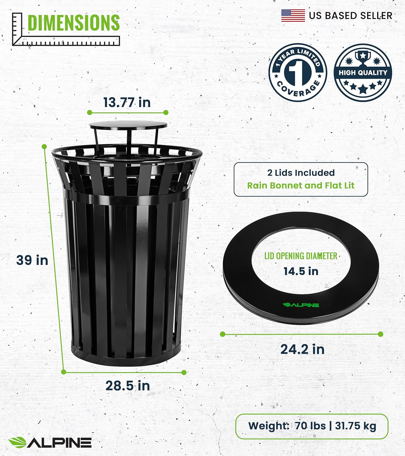Alpine Industries Outdoor Metal Slatted Trash Receptacle with Rain Bonnet Lid - 38 Gallon Black