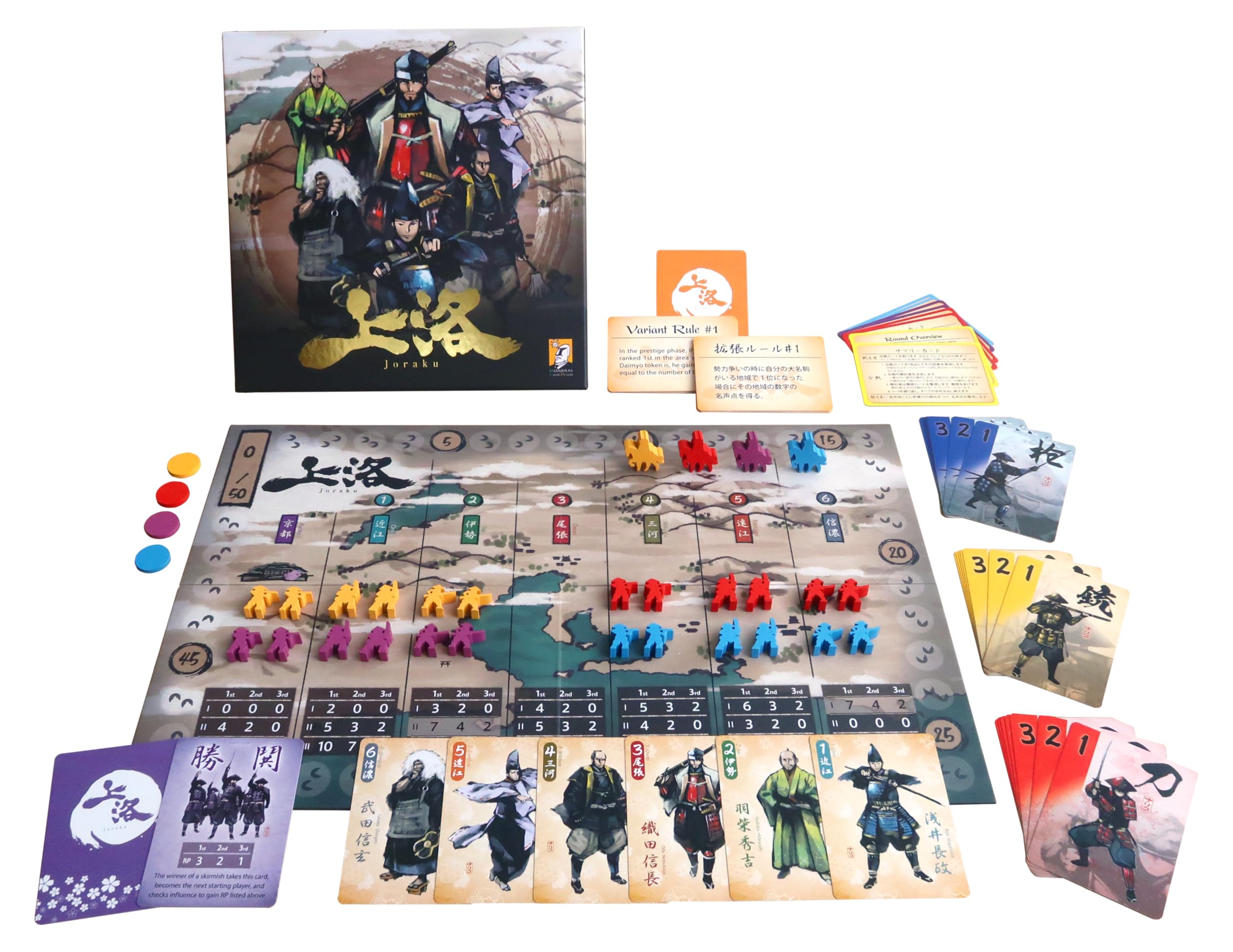 Moaideas Game Design Joraku Deluxe Strategy Board Game, 40 Wooden Samurai Meeples, Area Control and Trick-Taking Mechanics, for Strategy Game Enthusiasts, 2-4 Players, 20-40 Min