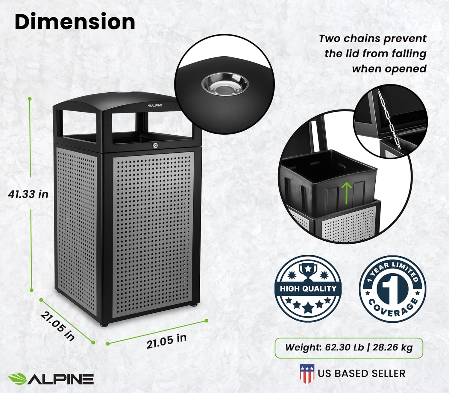 Alpine Industries 40 Gal. Steel All-Weather Outdoor Commercial Trash Can with Ash Tray Lid 2 Pack