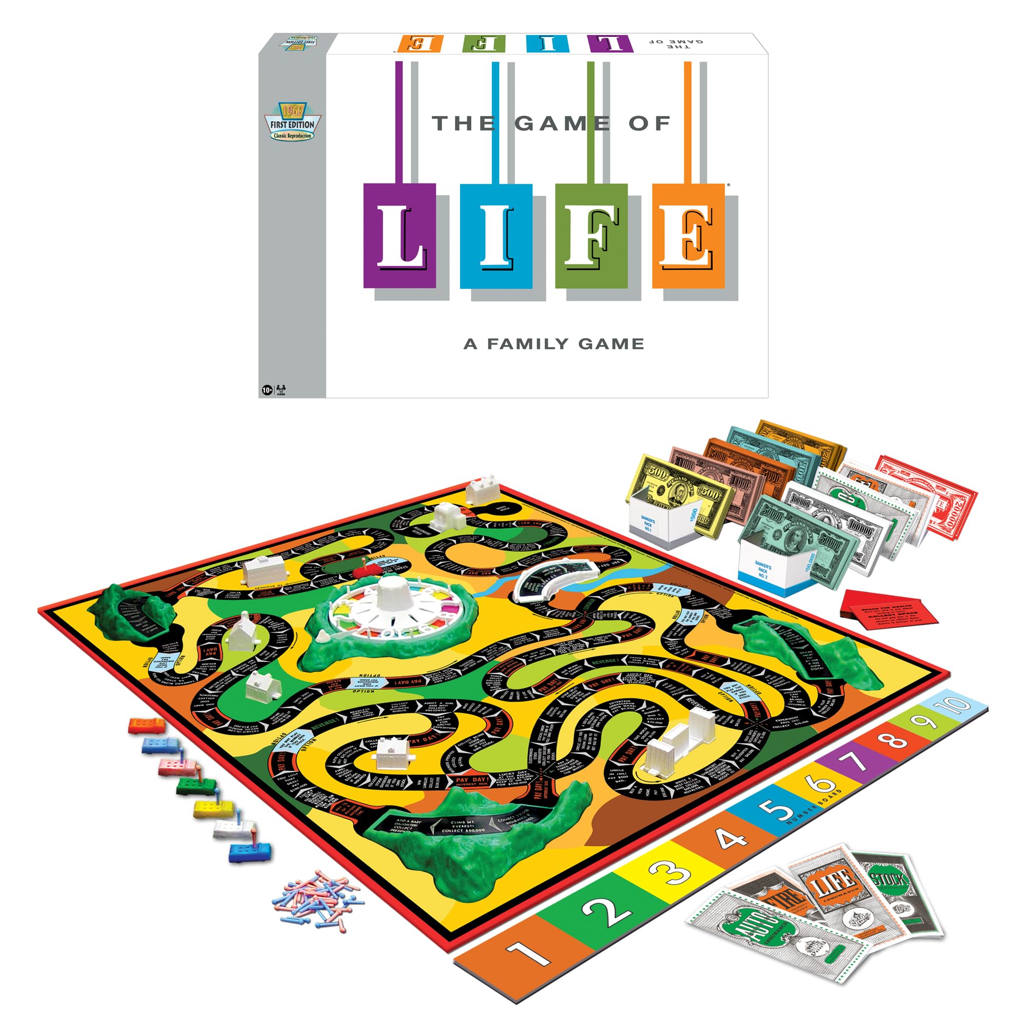 The Game Of Life With 1960 Artwork & Gameplay, Winning Moves Games USA, Classic Game: Original 1960's Version, Spinner, Mountains, Insurance, Career Options, Marriage, etc. 3-4 Players Age 10+