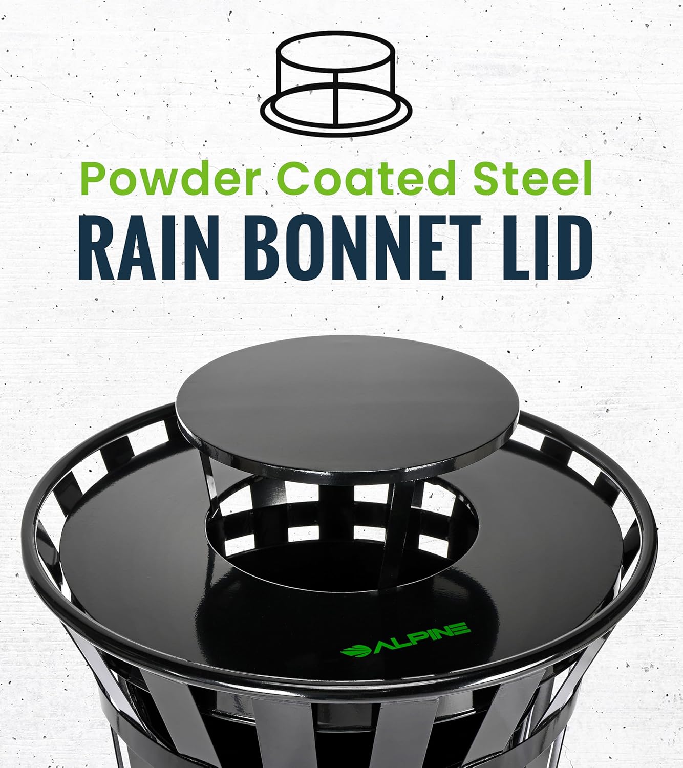 Alpine Industries Rain Bonnet Lid for Outdoor Metal Waste Receptacle - 38 Gallon Black