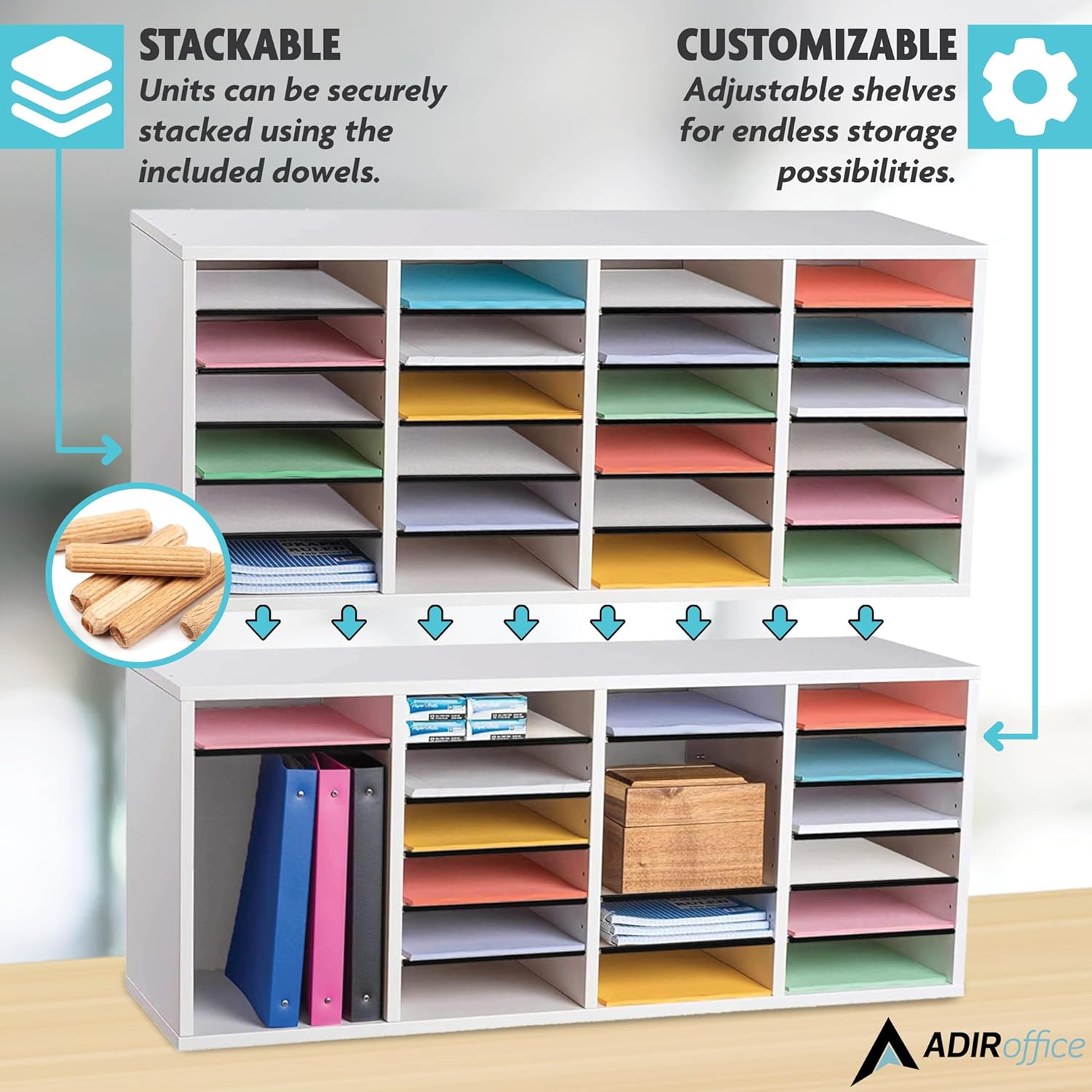 Wood Adjustable 24 Compartment Literature Organizer, White 2 Pack
