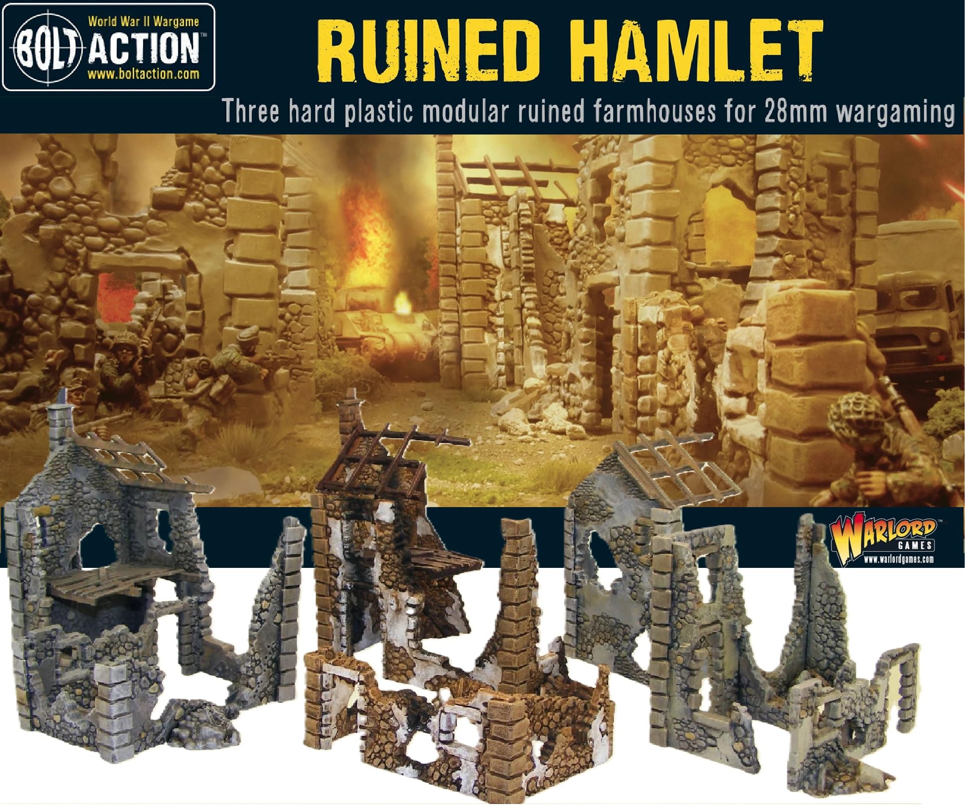 Warlord Bolt Action Ruined Hamlet 3 Buildings 1:56 WWII Military Wargaming Diorama Plastic Model Kit, Small, Unpainted