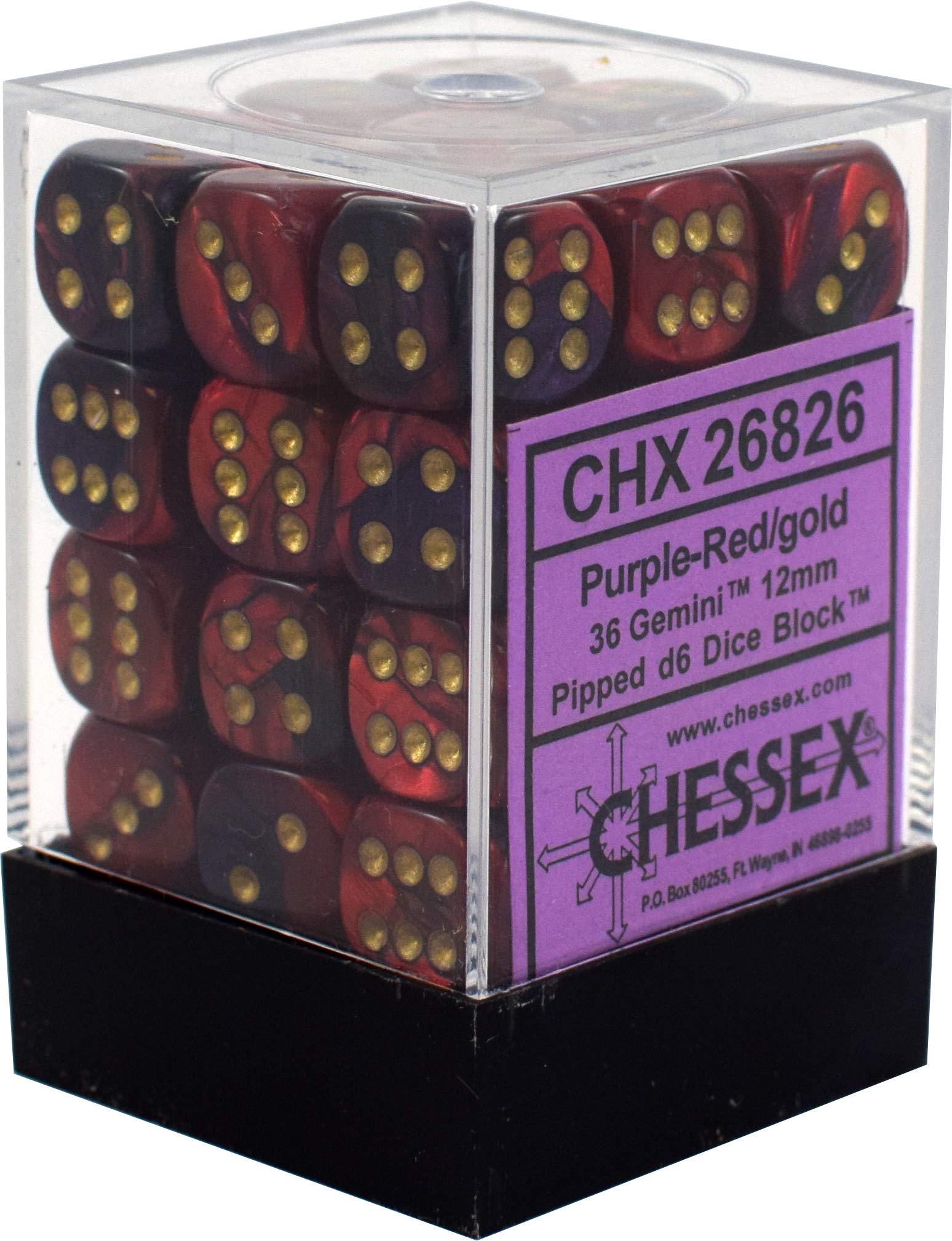 Chessex 12mm Gemini Purple, Red & Gold Polyhedral Dice Set – Compatible with Dungeons & Dragons, Pathfinder & Other Tabletop RPGs – Includes 36 D6 Dice (CHX26826)